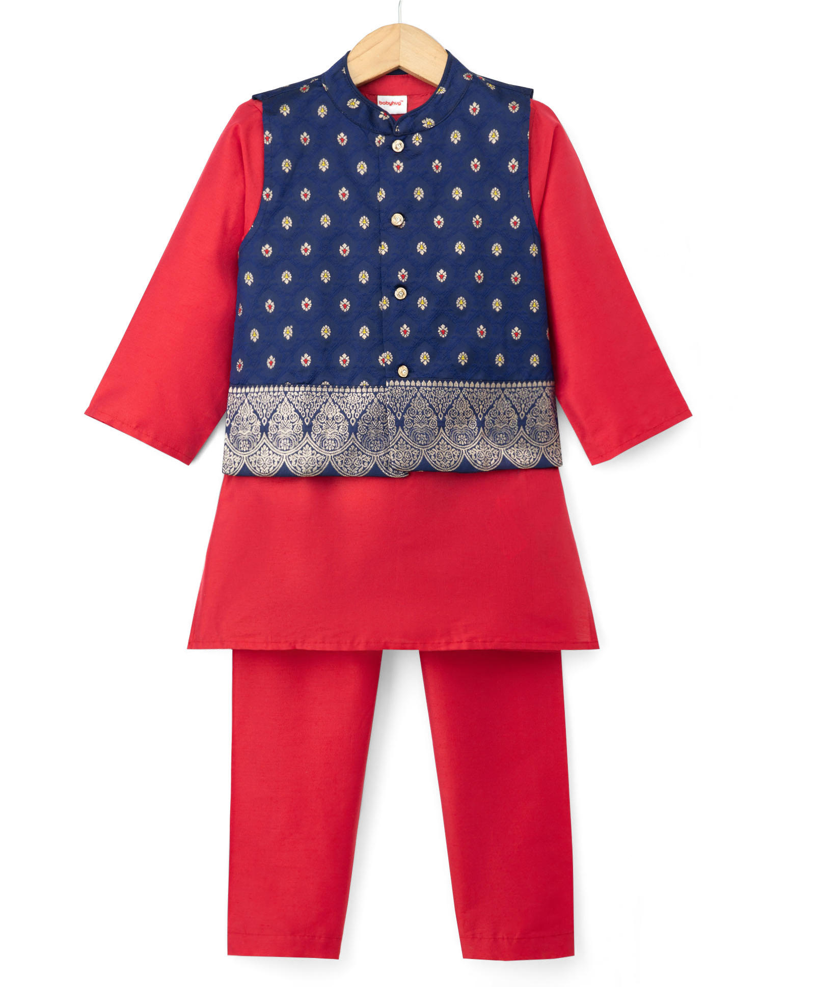 Babyhug Woven Full Sleeves Solid Colour Kurta Pajama Set with Floral Designed Brocade Jacket - Red & Navy Blue-picture-19
