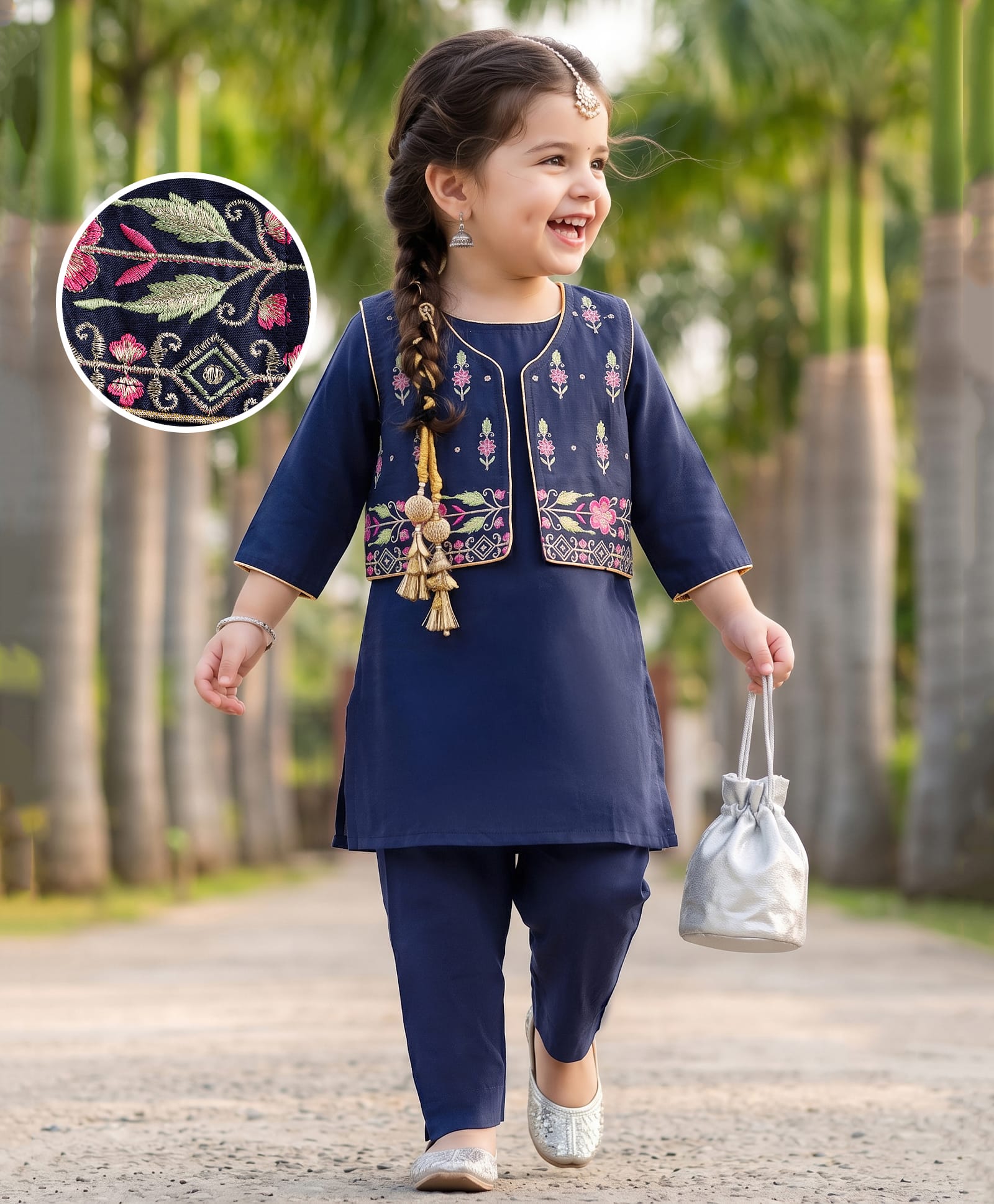 Babyhug Rayon Woven Three Fourth Sleeves Solid Colour Kurti Churidar Set with Floral Embroidered Jacket - Navy Blue-picture-14
