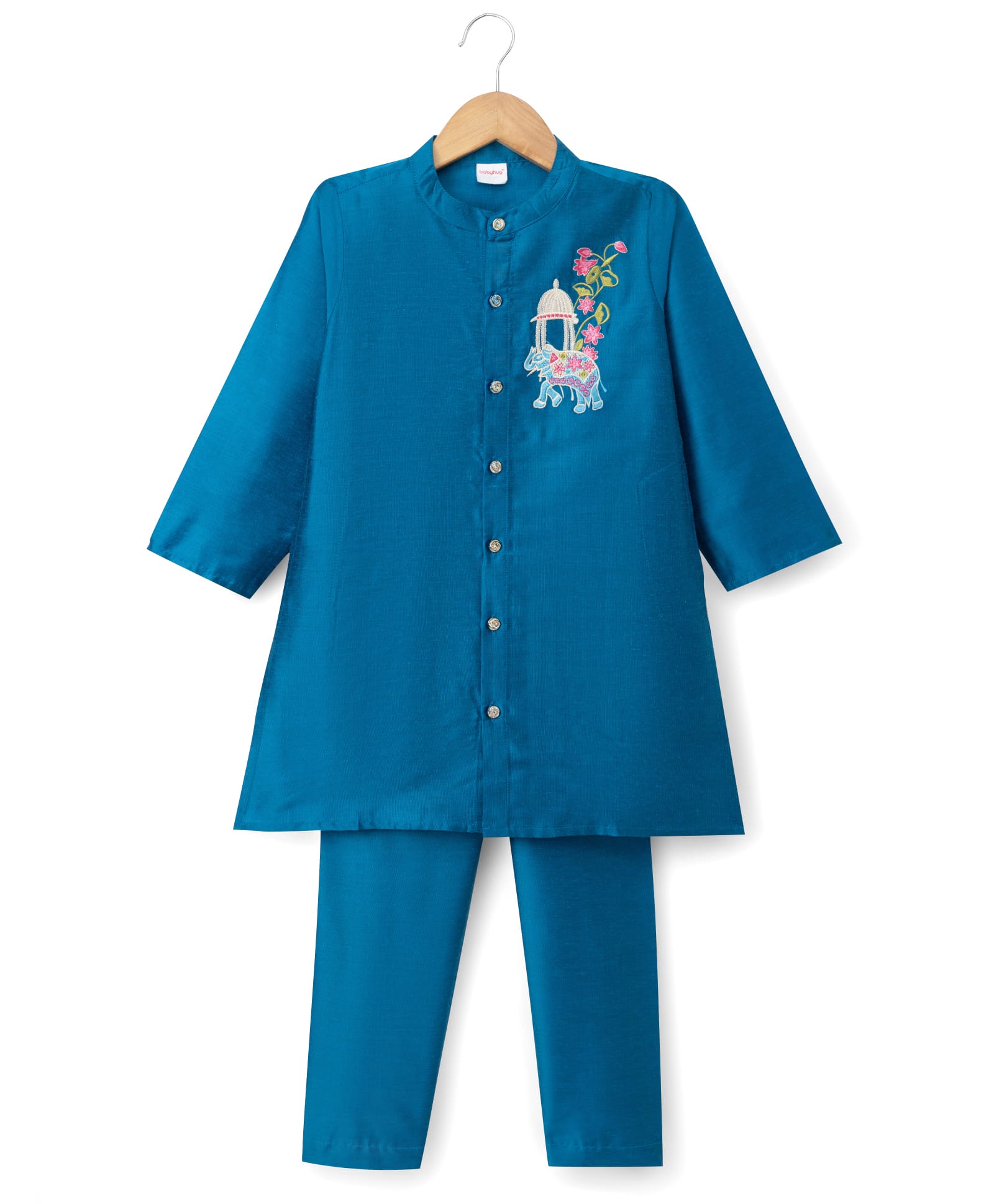 Babyhug Woven Full Sleeves Elephant Embroidered & Floral Kurta Pajama Set- Blue-picture-19