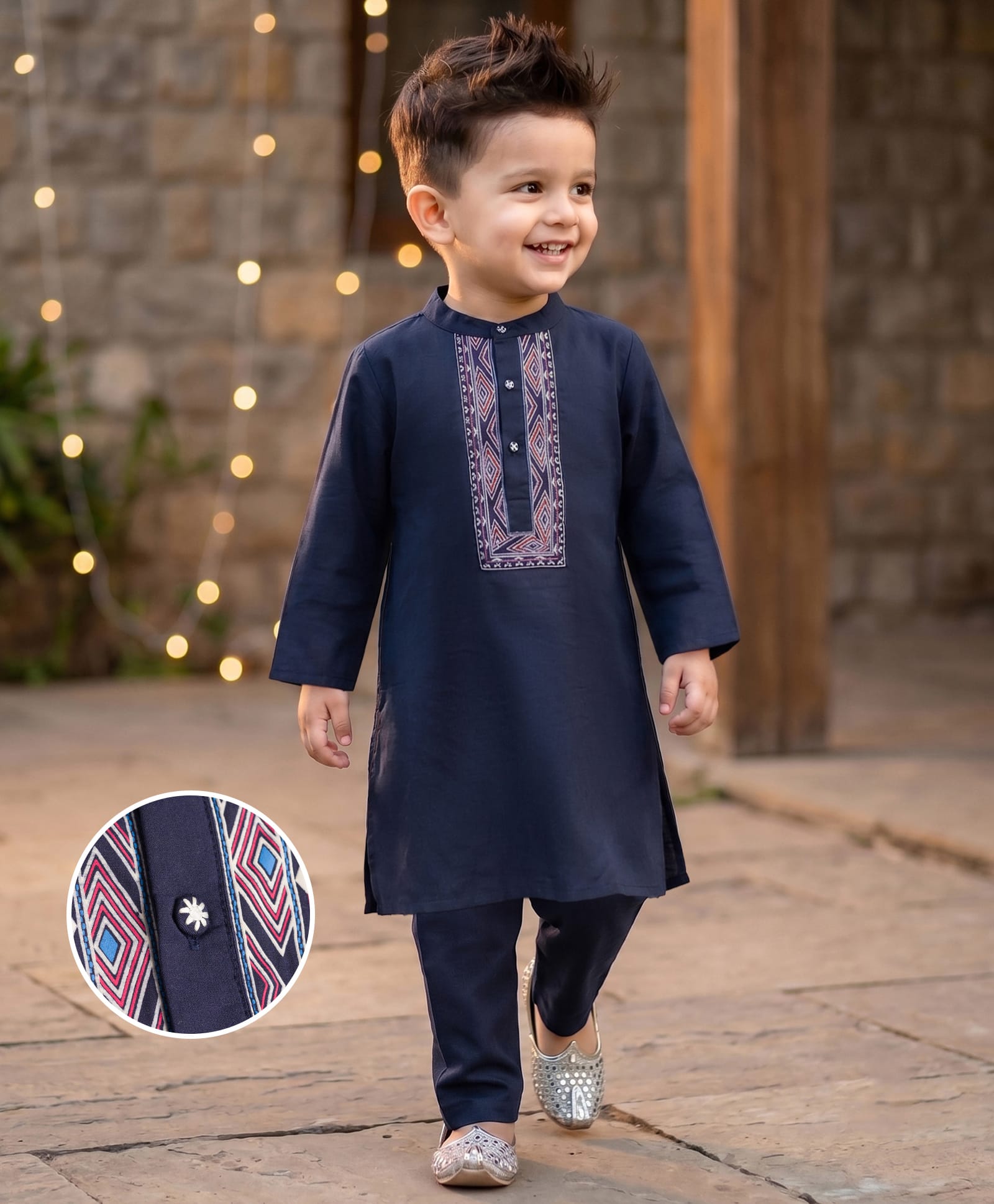 Babyhug Woven Full Sleeves Printed Yoke Kurta Pajama Set - Navy-picture-21