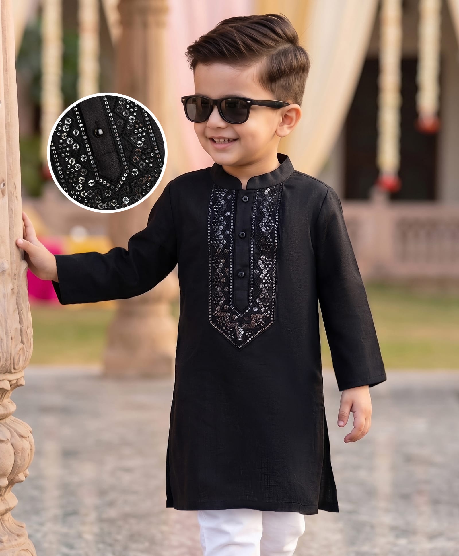 Babyhug Woven Full Sleeves Sequinned & Embroidered Neck Kurta - Black-image-24
