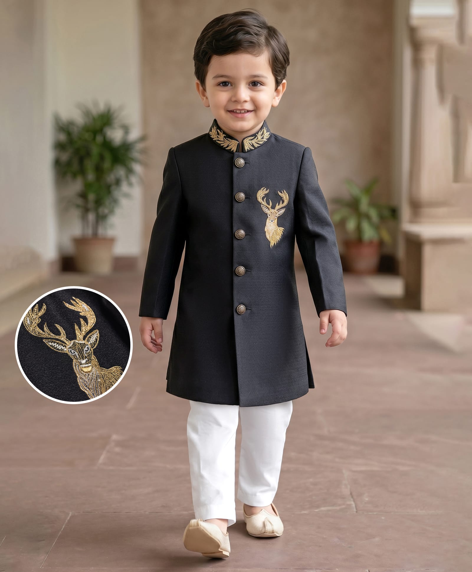 Babyhug Woven Full Sleeves Reindeer Embroidered Sherwani Set - Black-image-3