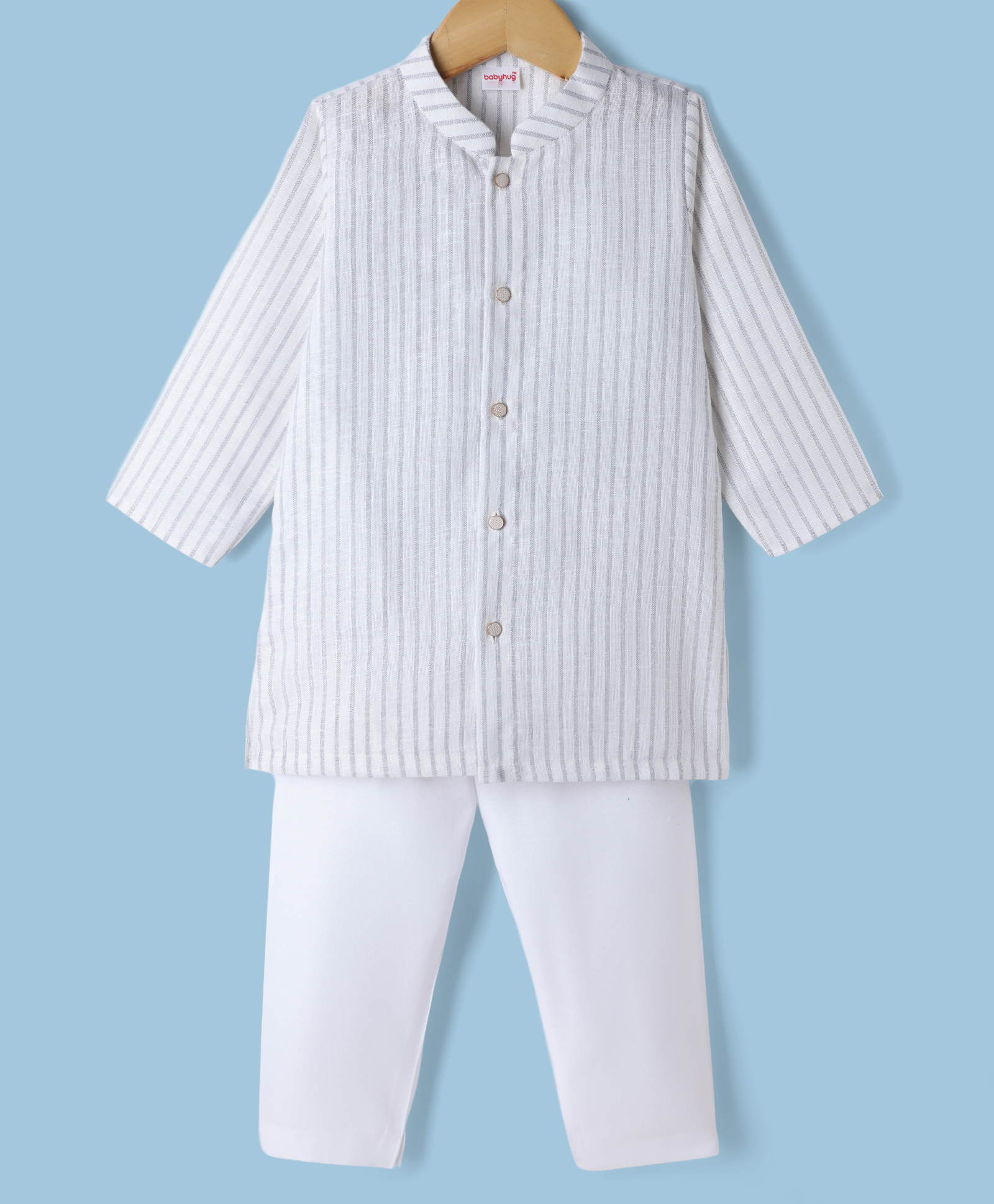 Babyhug 100% Cotton Woven Full Sleeves Striped Yarn Dyed Kurta & Pyjama Set - White & Grey-picture-29