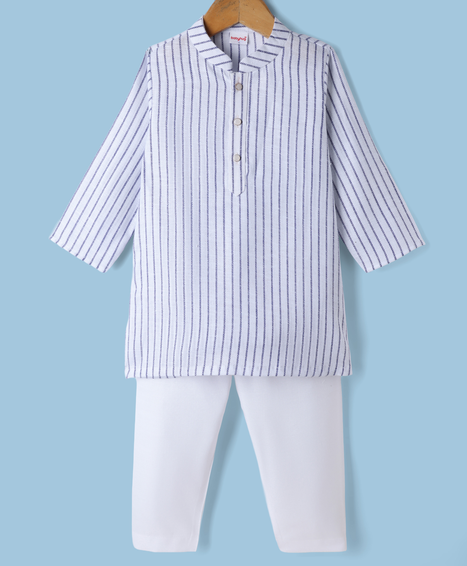 Babyhug 100% Cotton Woven Full Sleeves Striped Yarn Dyed Kurta & Pyjama Set - Blue & White-picture-29