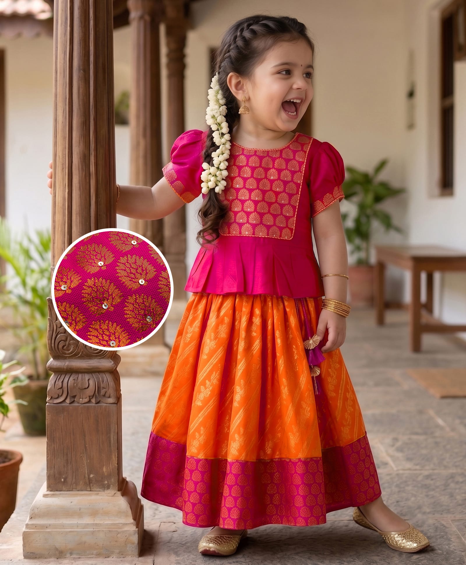 Babyhug Brocade Woven Short Sleeves Sequinned Choli Lahenga Set with Dupatta - Dark Pink & Orange-image-47