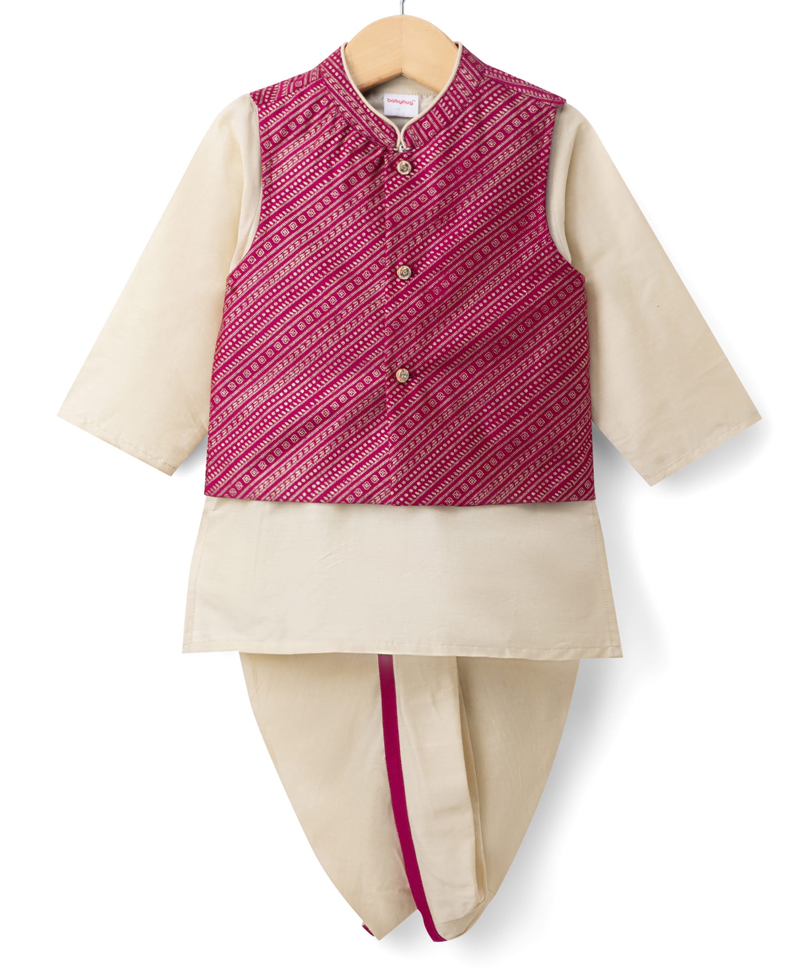 Babyhug Woven Full Sleeves Solid Colour Dhoti Kurta Set With Foil Printed Jacket - Beige & Dark Pink-picture-12