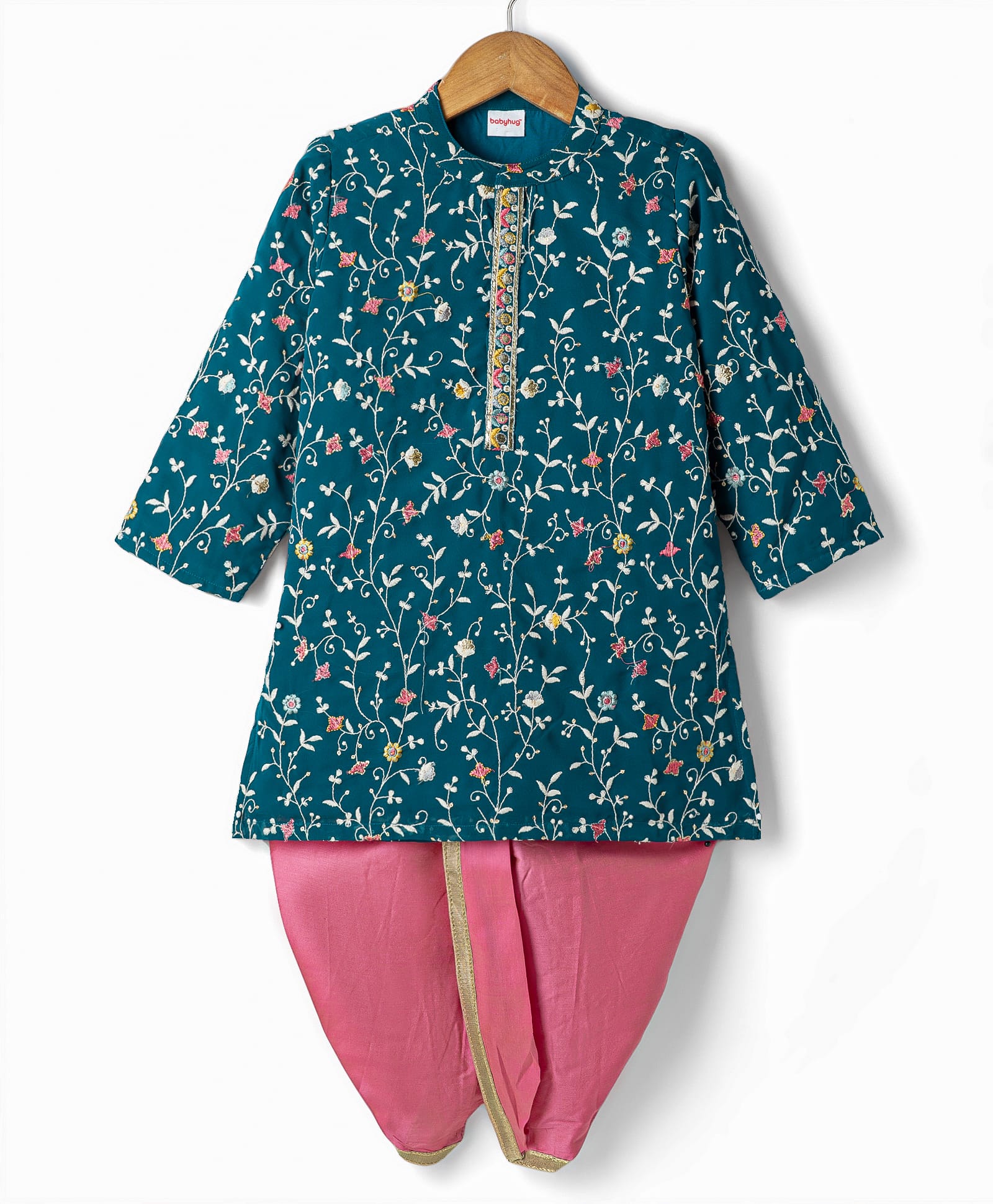 Babyhug Georgette Woven Full Sleeves Floral Embroidered Kurta Dhoti Set - Teal Blue-image-39