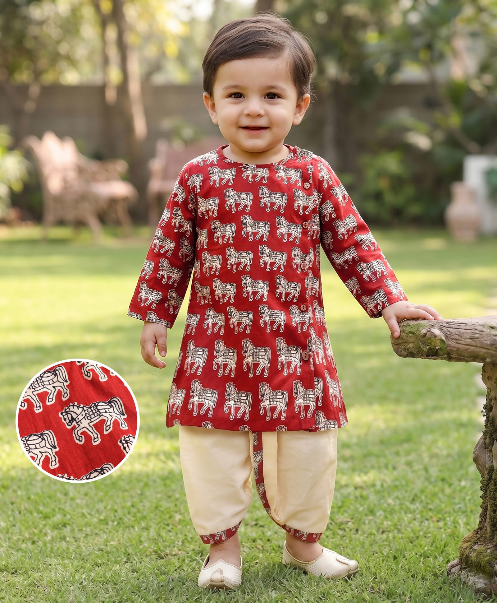 Babyhug Cambric Woven Full Sleeves Horse Printed Kurta Dhoti Set - Red-image-43