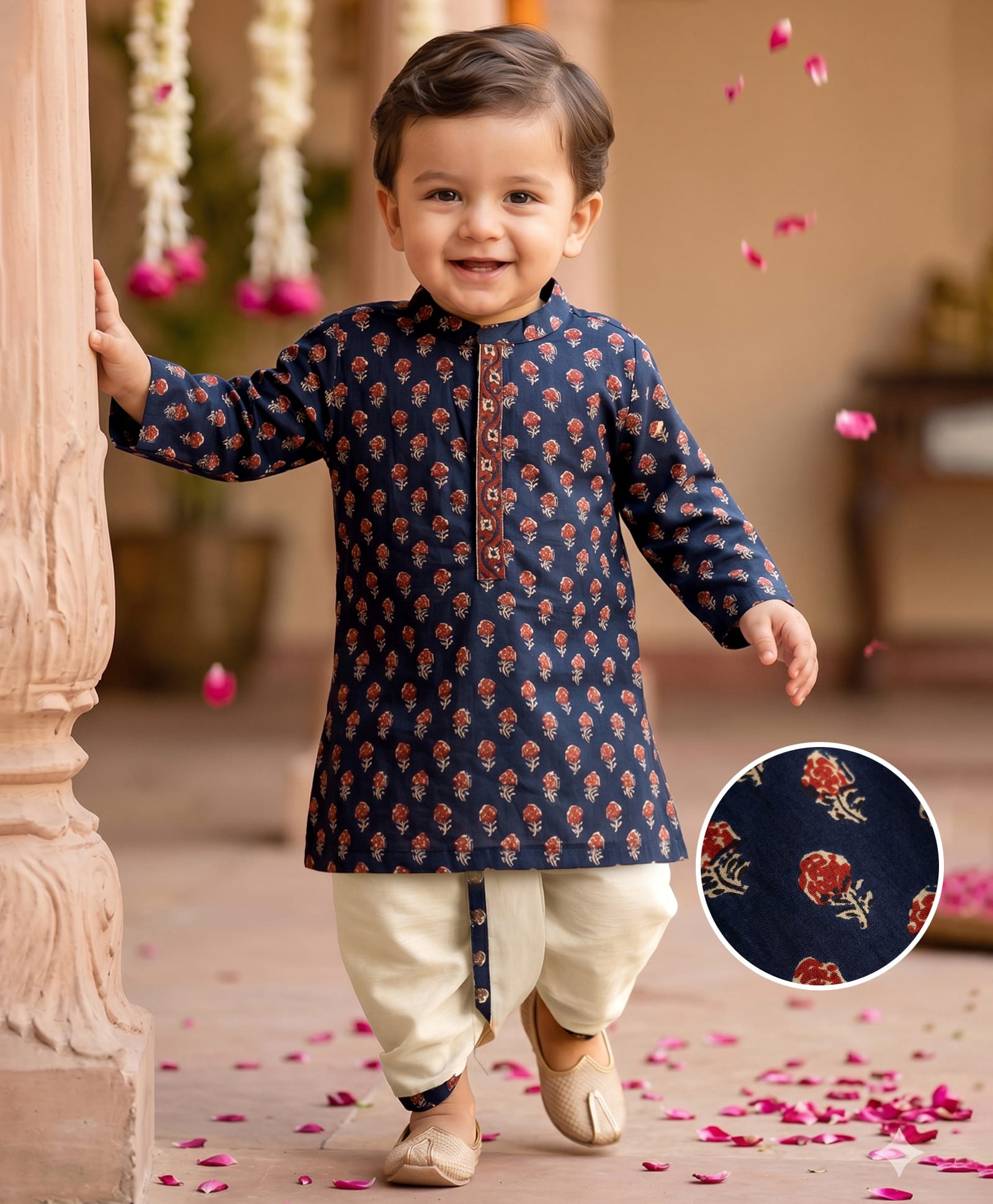 Babyhug 100% Cotton Woven Full Sleeves Floral Printed Kurta & Dhoti Set - Navy Blue-picture-34