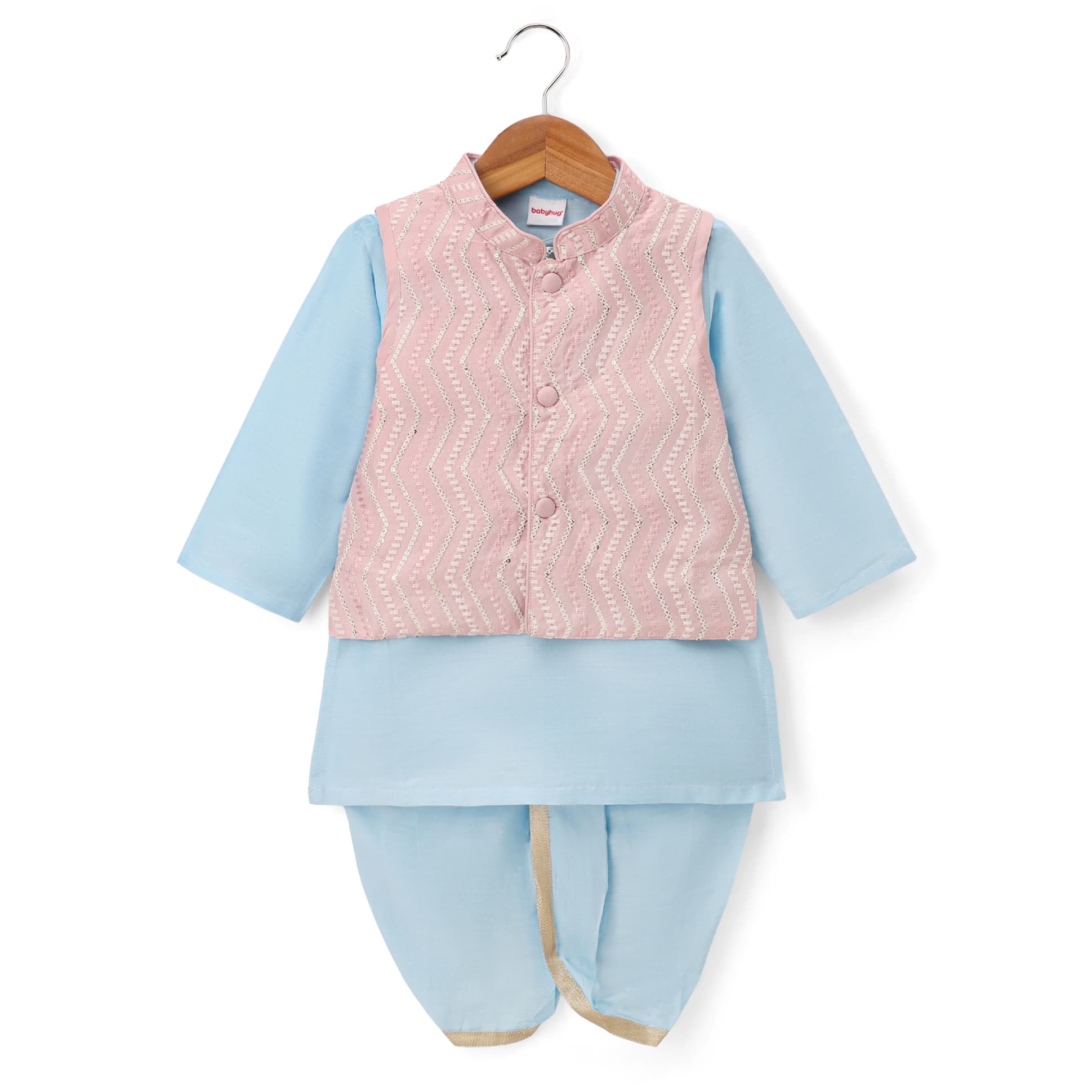 Babyhug Cotton Blend Woven Full Sleeves Boyssolid Dhoti Kurta Set With Embroidered Jacket - Light Blue-image-46