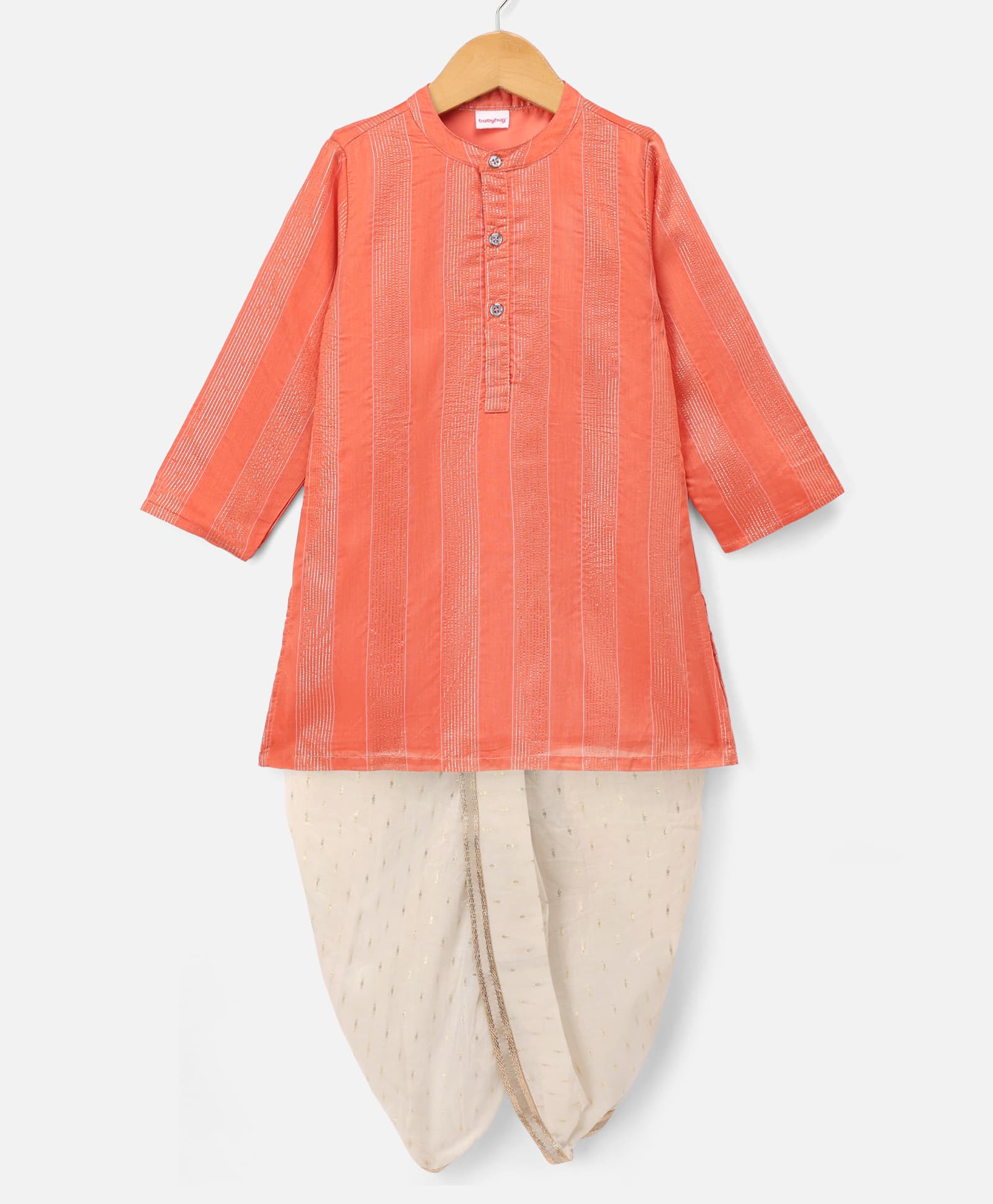 Babyhug Cotton Blend Woven Full Sleeves Dobby Dhoti Kurta Set With Zari Work - Orange-picture-24