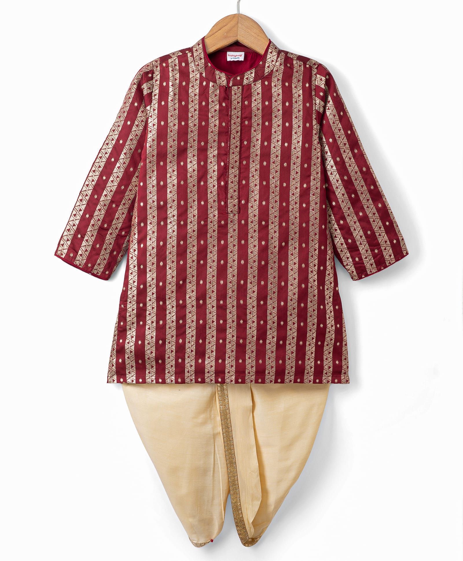 Babyhug Brocade Woven Full Sleeves Striped & Foil Printed Kurta & Dhoti Set - Maroon-image-24
