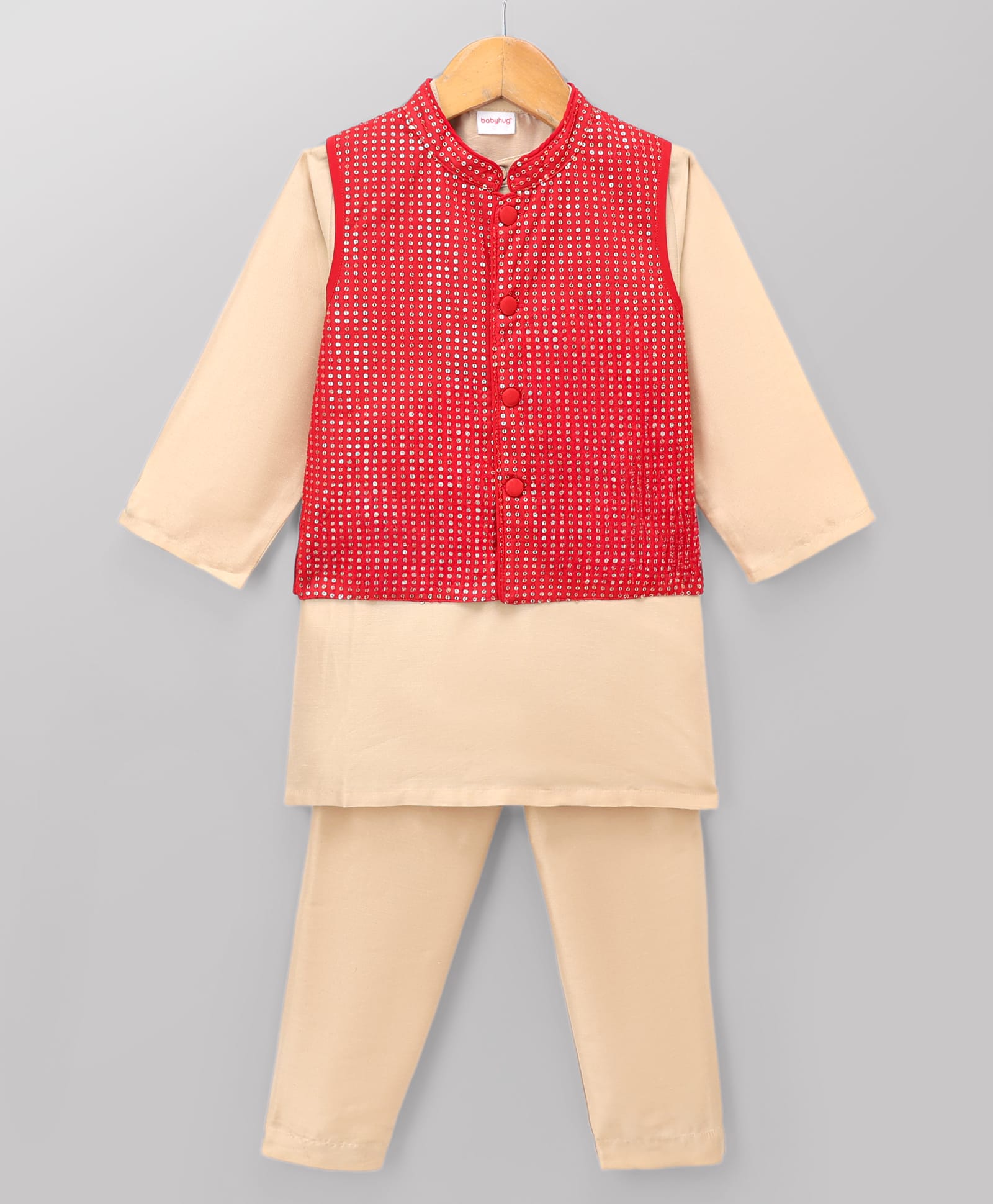 Babyhug Cotton Blend Woven Full Sleeves Solid Kurta Pyjama Set With Sequenced Detailing Jacket - Red & Beige-picture-30