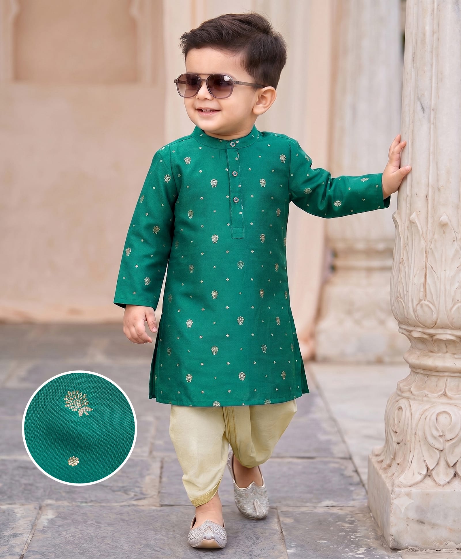 Babyhug Brocade Woven Full Sleeves Floral Embroidered Kurta Dhoti Set - Teal Blue-picture-13