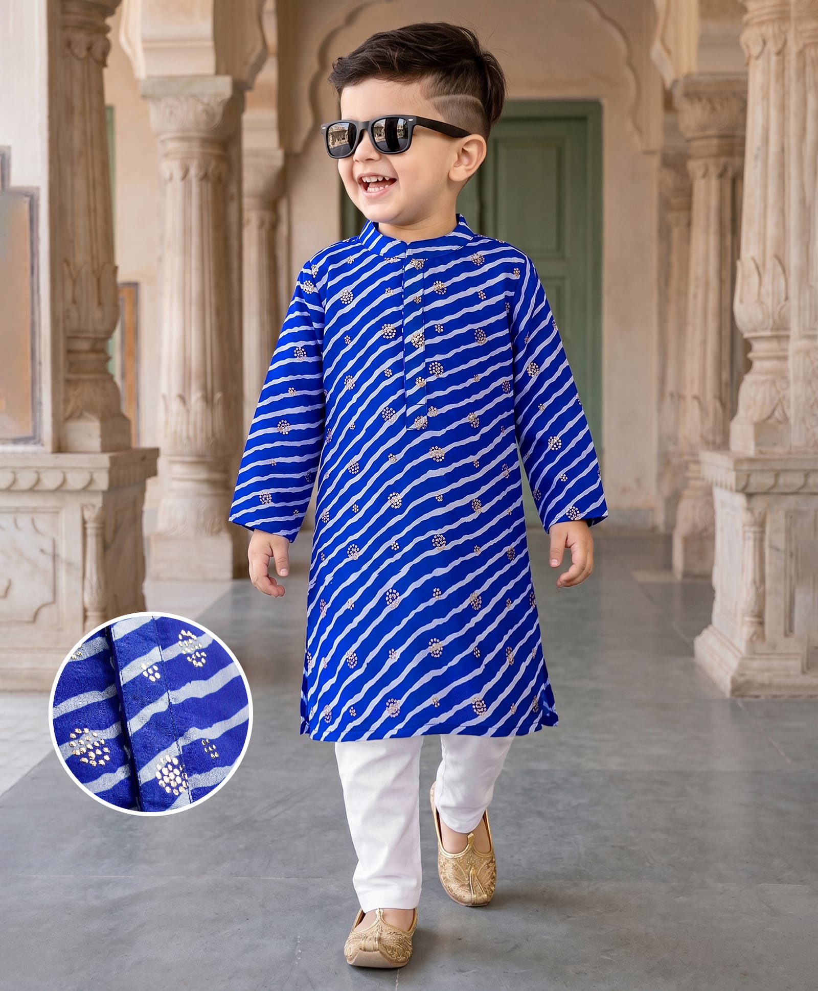 Babyhug Chanderi Woven Full Sleeves Laheriya Printed Kurta Pajama Set with Foil Dot Print - Blue-image-21