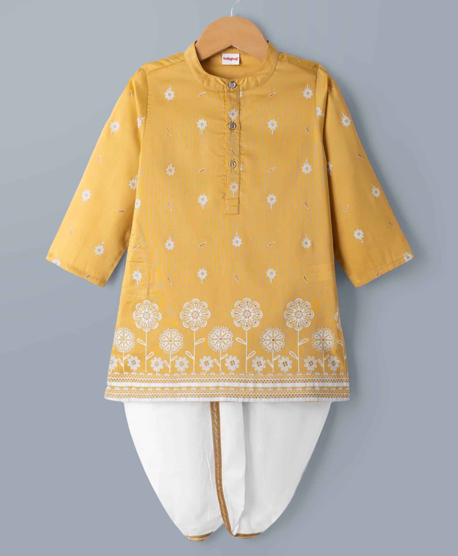 Babyhug Woven Full Sleeves Floral Embroidered Kurta Dhoti Set - Yellow-picture-11