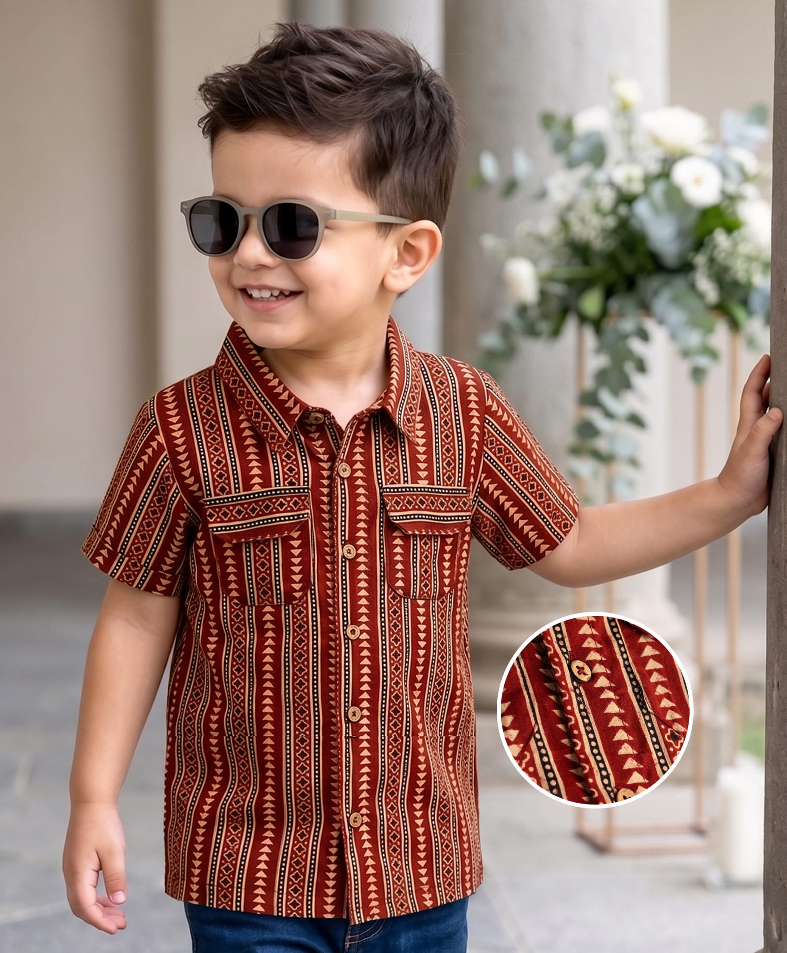 Babyhug 100% Cotton Woven Half Sleeves Striped & Printed Kurta - Maroon-image-23