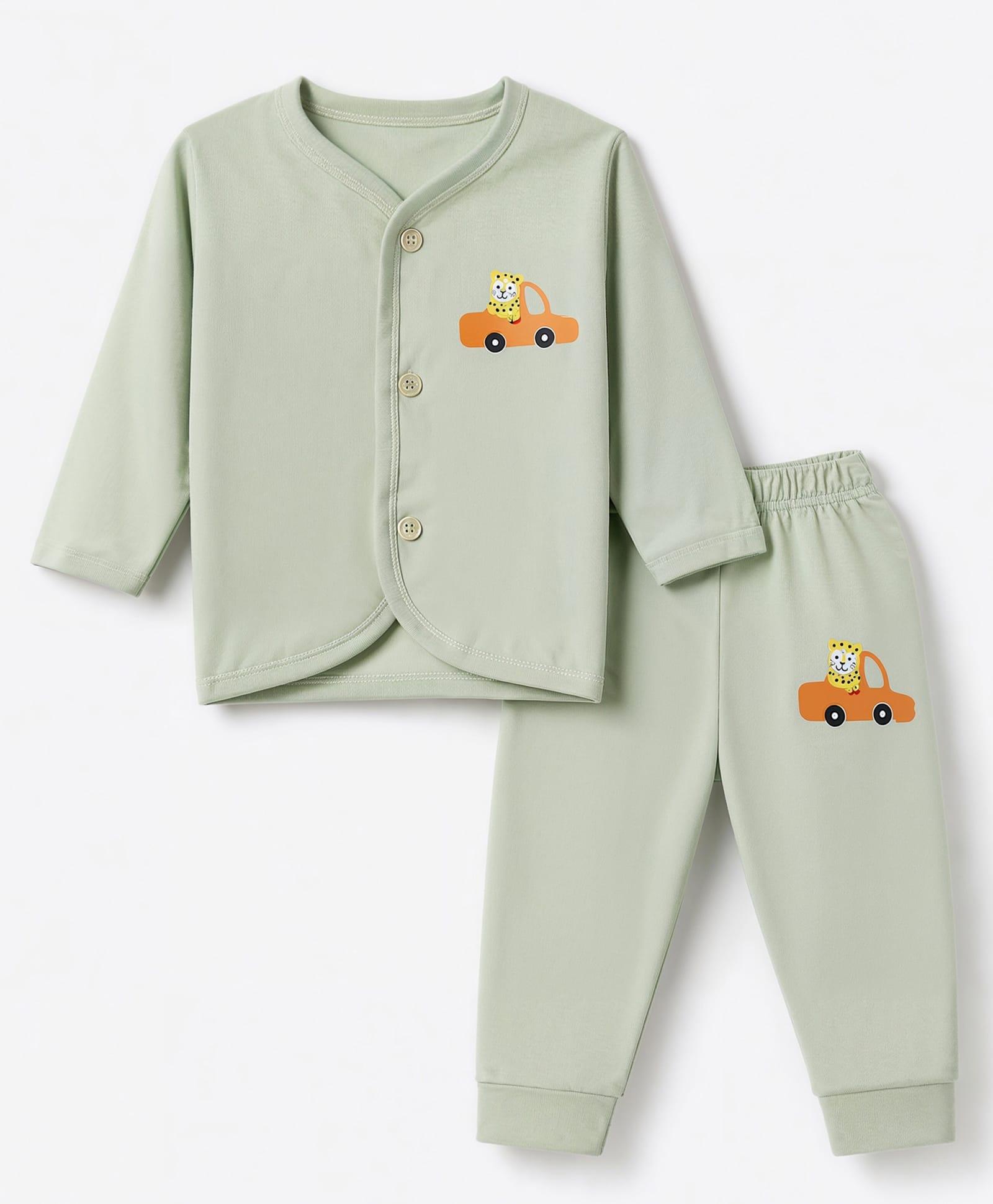 Child World Sinker Knit Full Sleeves Co-Ords T-Shirt & Pyjama Night Suit with Car & Cub Print - Olive Green-image-47