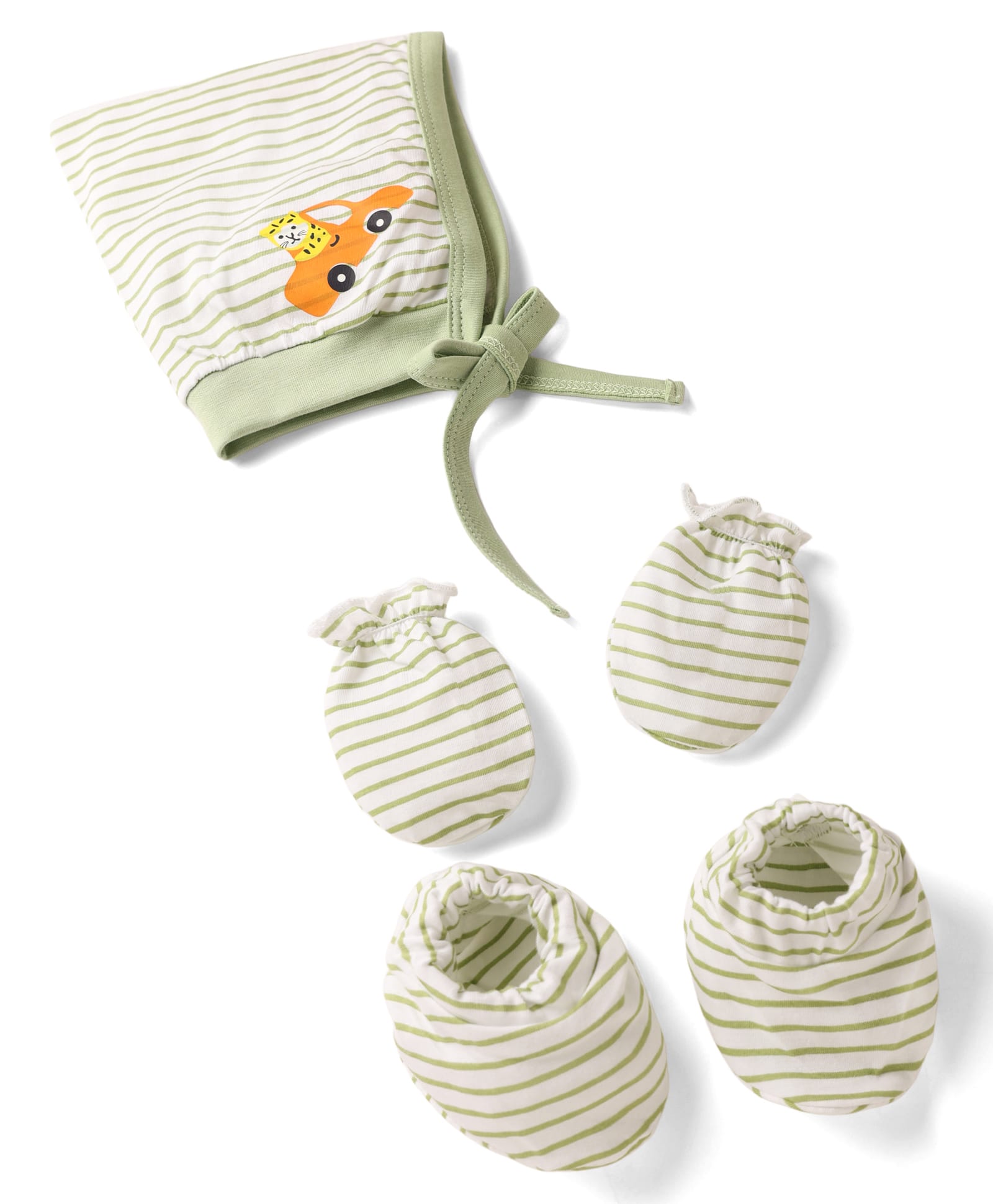 Child World Sinker Knit Striped Cap Mittens & Booties With Tiger and Vehicle Print Olive Green - Diameter 9 cm-picture-24