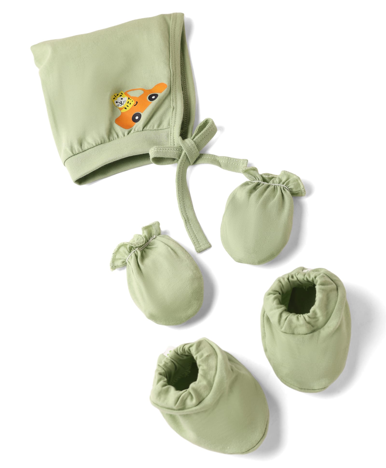 Child World Sinker Knit Solid Cap Mittens & Booties With Tiger and Vehicle Print Olive Green - Diameter 9 cm-picture-3
