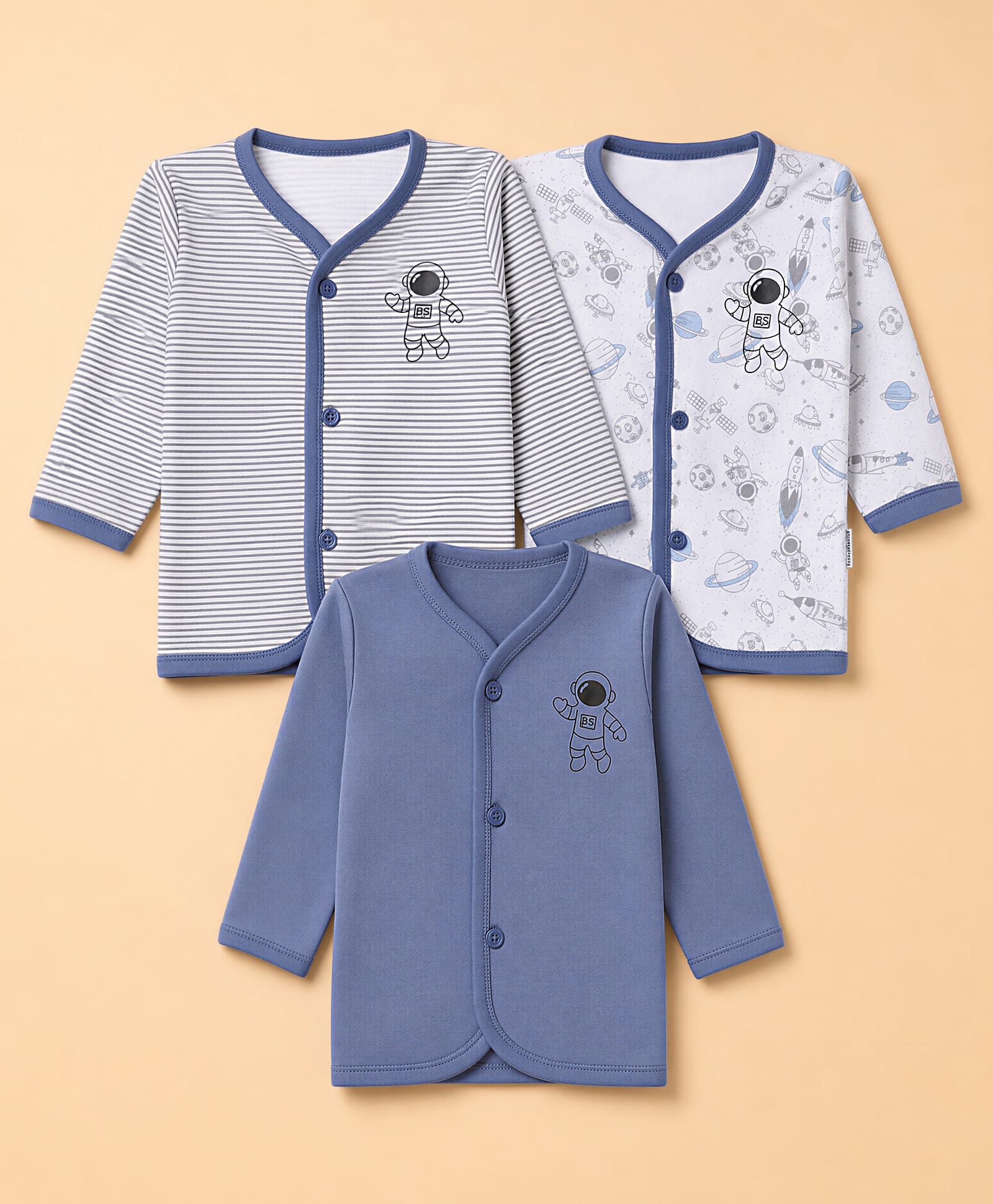 Child World Interlock Knit Full Sleeves Striped Jhablas With Space Theme and Astronaut Print Pack of 3 -Blue-picture-47