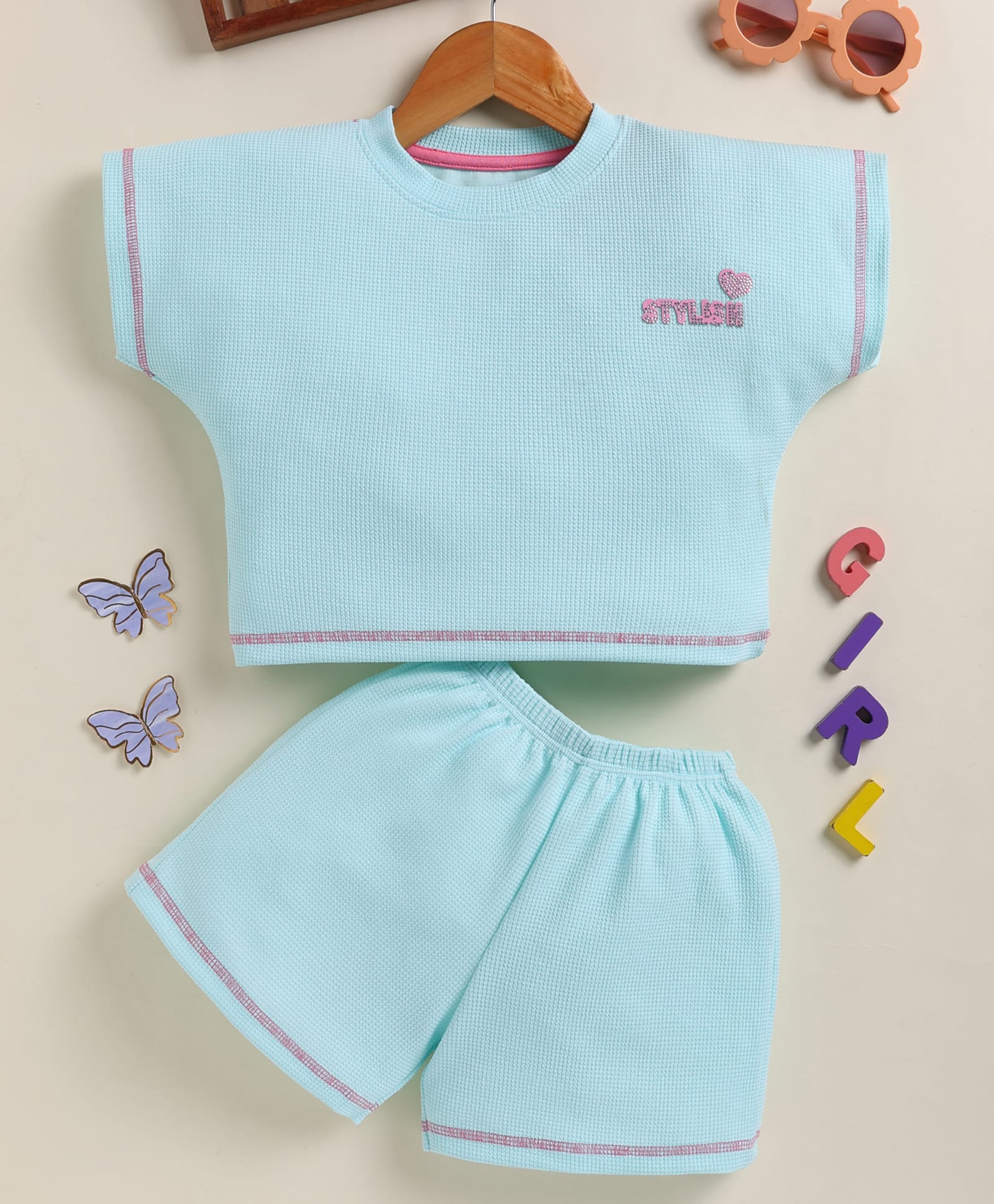 NUTTY BUTTY Popcorn Knit Half Sleeves Style Text Embroidered Textured Top & Shorts Set - Blue-image-9