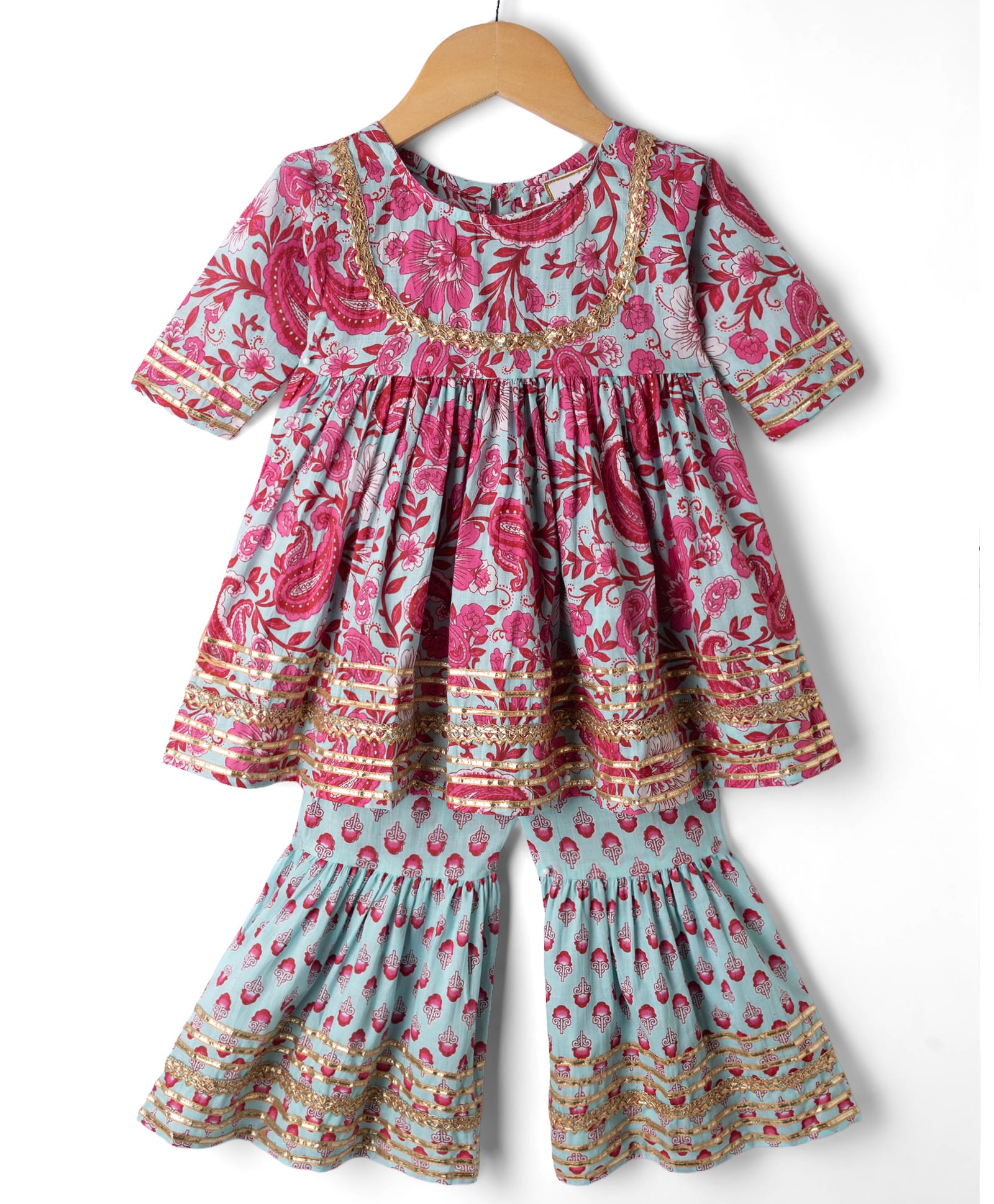 Teentaare Cotton Woven Three Fourth Sleeves Floral Printed Kurti & Gharara Set - Lilac-picture-22
