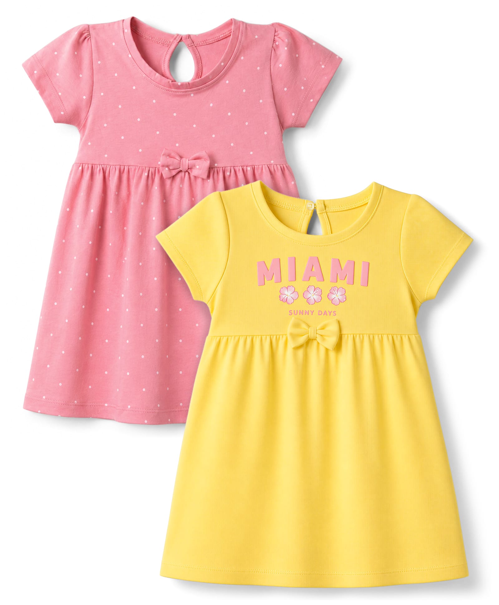 Babyhug Single Jersey Knit Half Sleeves Frocks With Polka Dot, Text Print & Bow Applique Pack of 2 - Pink & Yellow-image-42