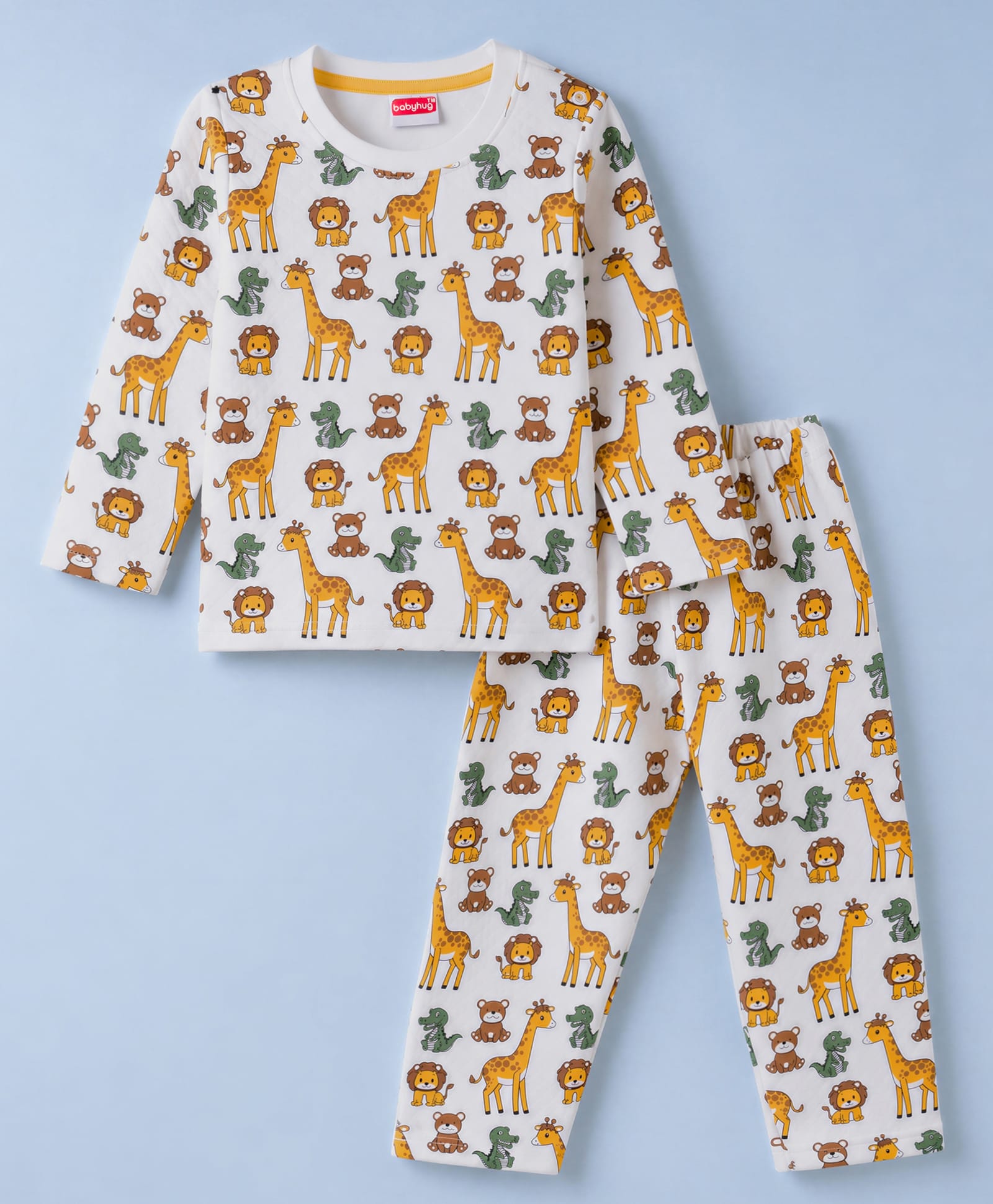 Babyhug Cotton Knit Full Sleeves Winter Night Suit Co-ords With Animal Print - White-image-26