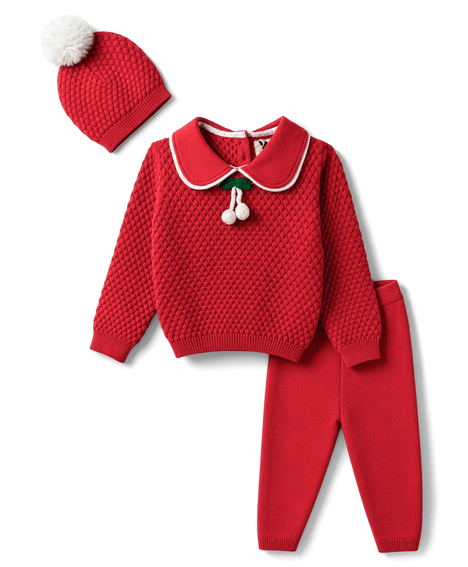 Yellow Apple Knit Full Sleeves Sweater Set & Cap with Peter Pan Collar & Berry Applique - Red-image-49