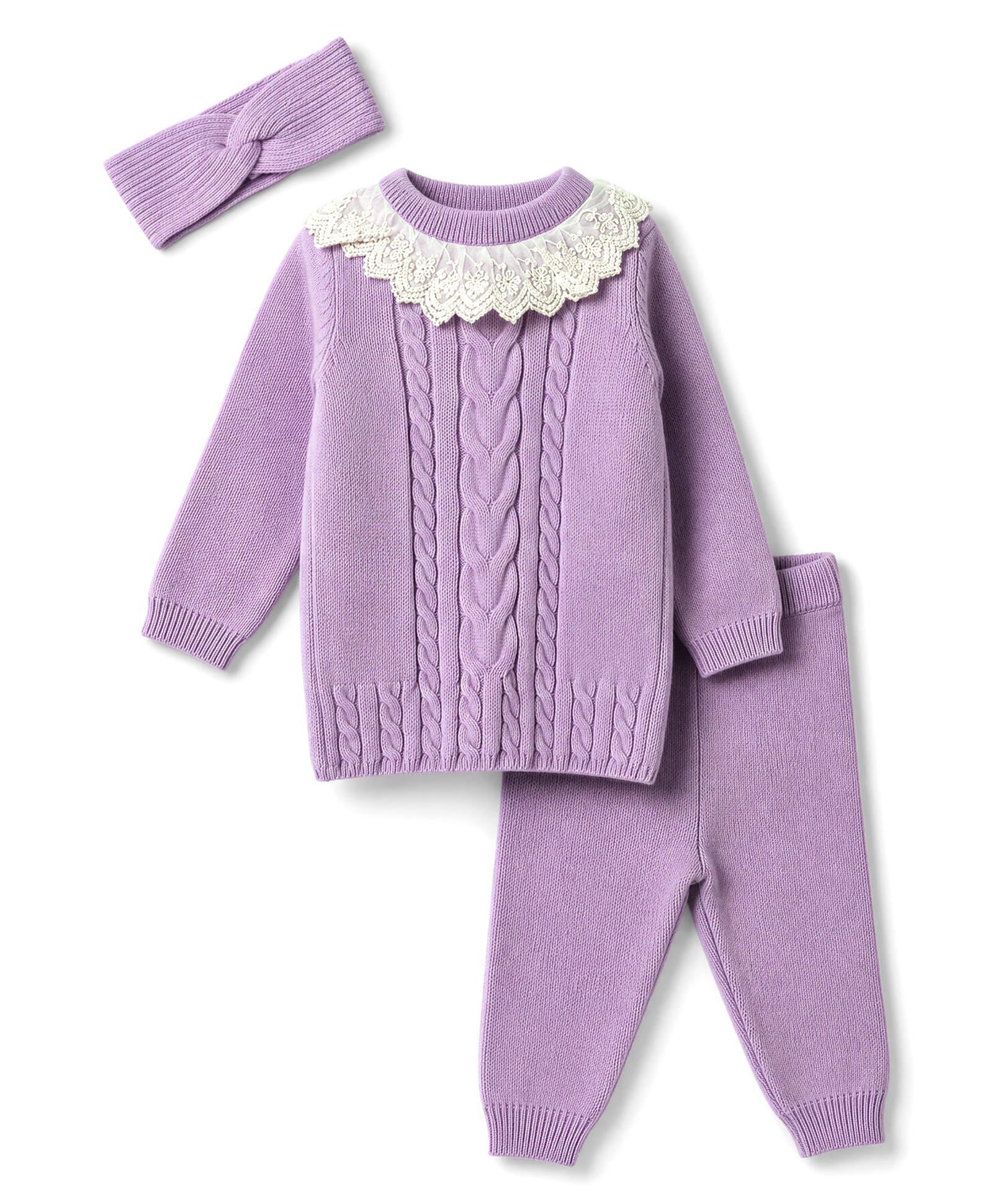Yellow Apple Knit Full Sleeves Sweater Set With Lace Detailing & Cable Knit Design & Headband - Lilac-picture-18