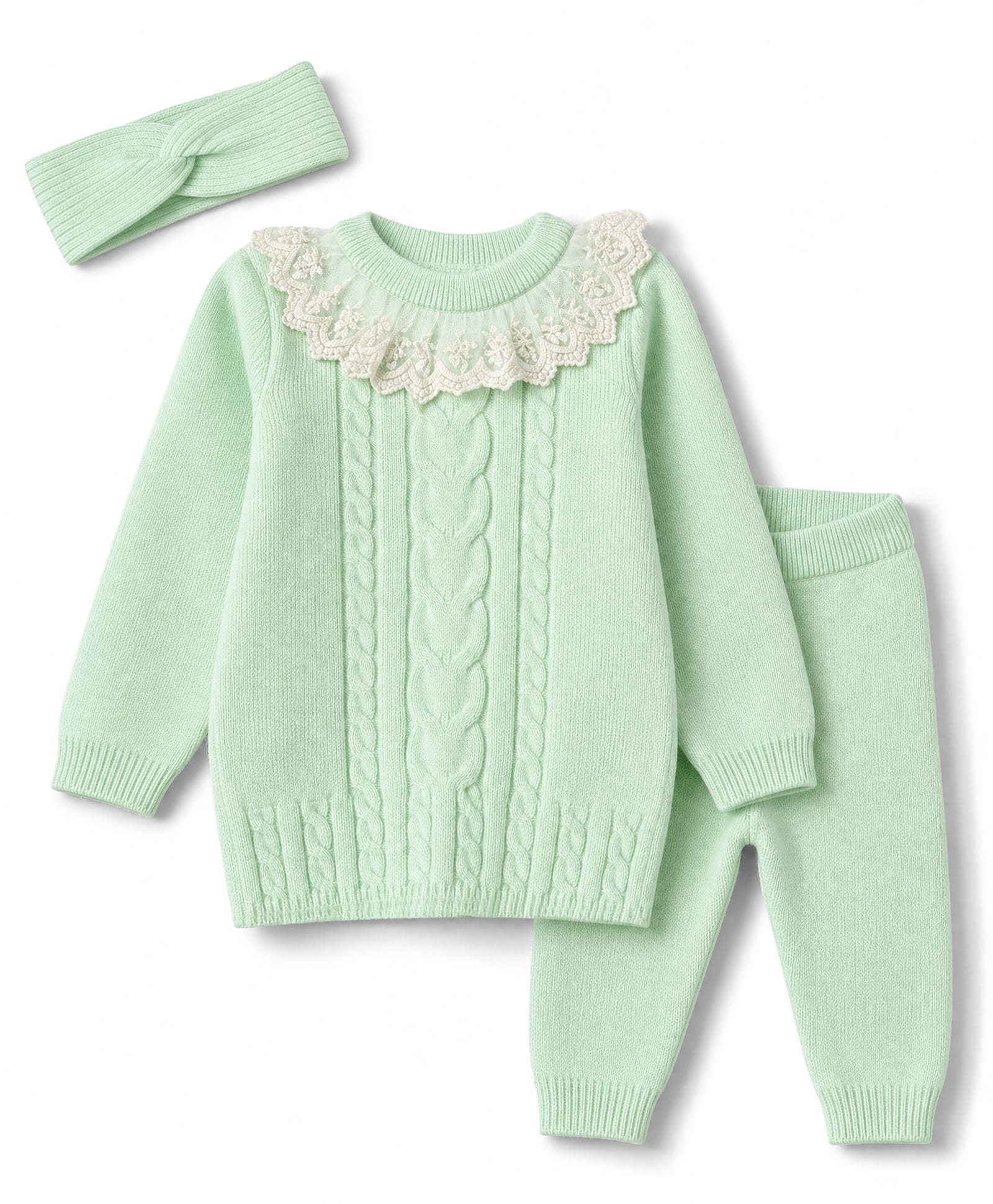 Yellow Apple Knit Full Sleeves Sweater Set With Lace Detailing & Cable Knit Design & Headband - Light Green-picture-20