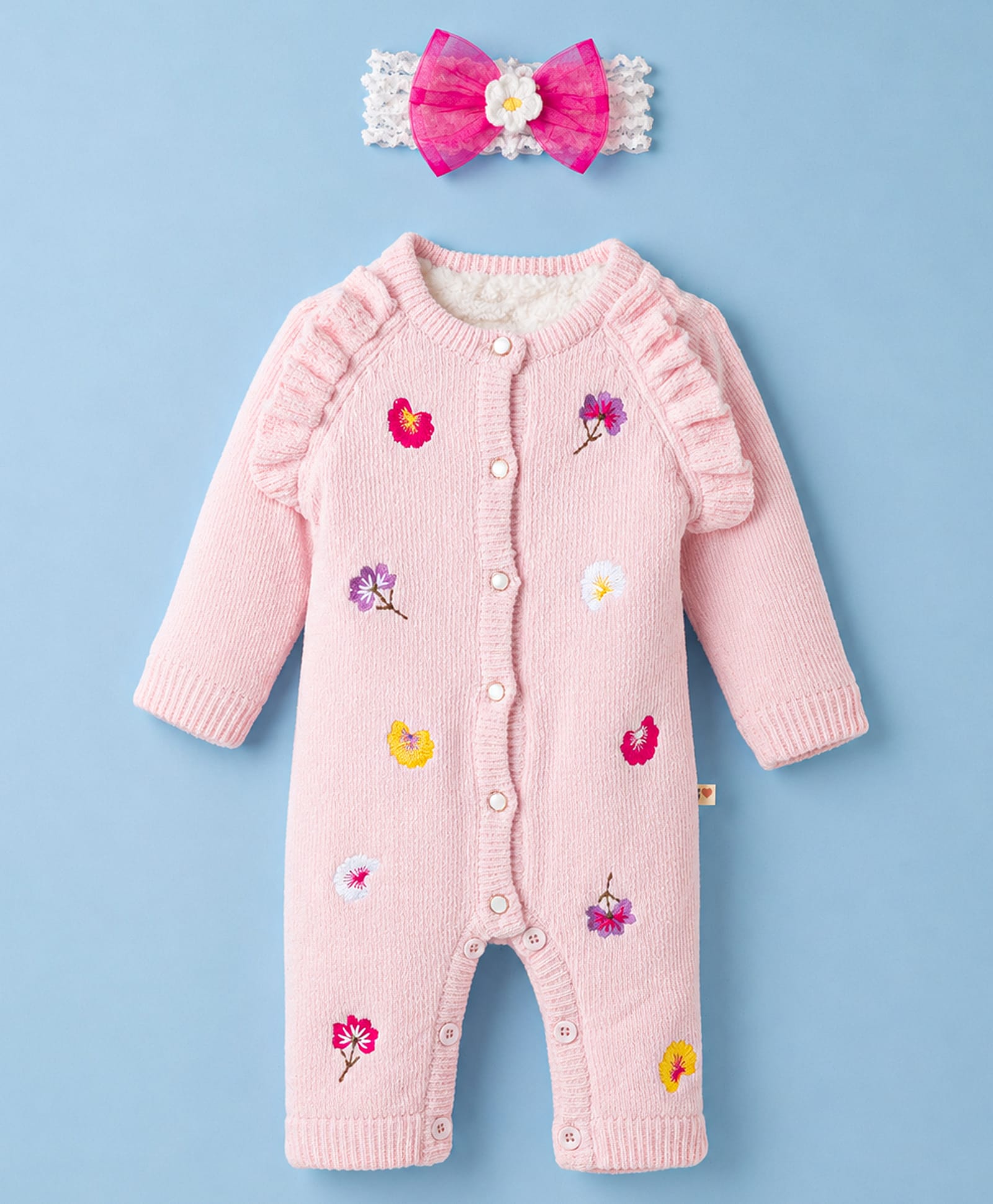 Yellow Apple Knit Full Raglan Sleeves Romper with Floral Embroidered & Head Band - Pink-image-48