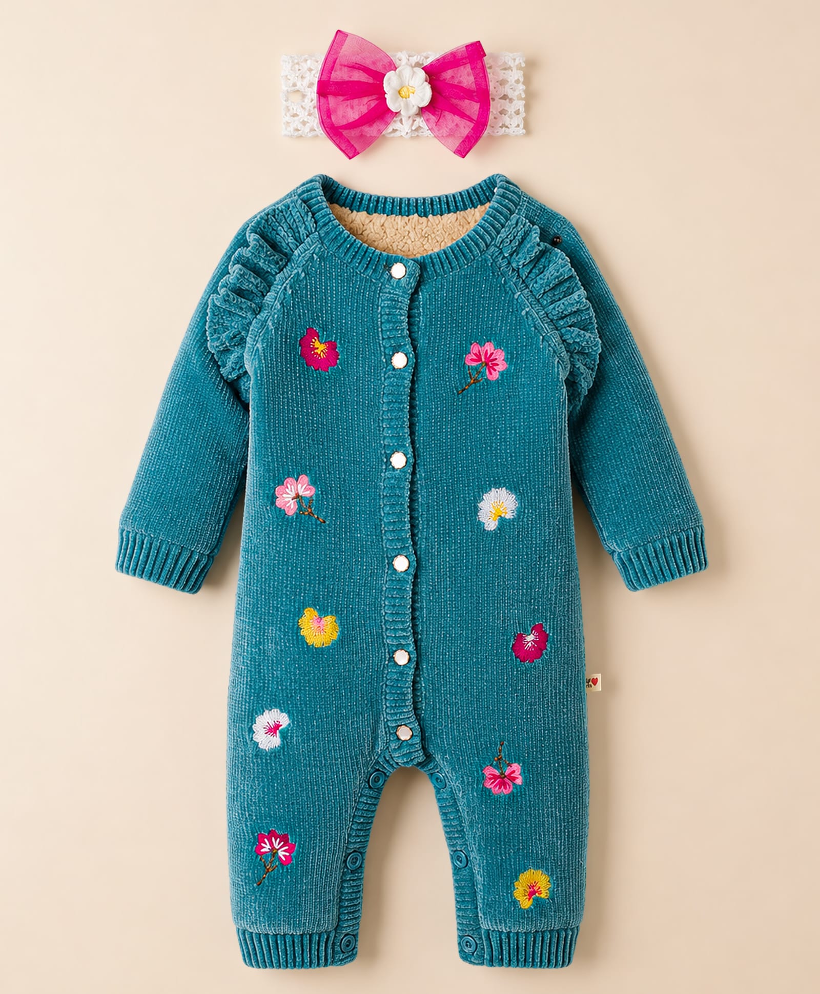 Yellow Apple Knit Full Raglan Sleeves Romper with Floral Embroidered & Head Band - Teal Blue-image-47