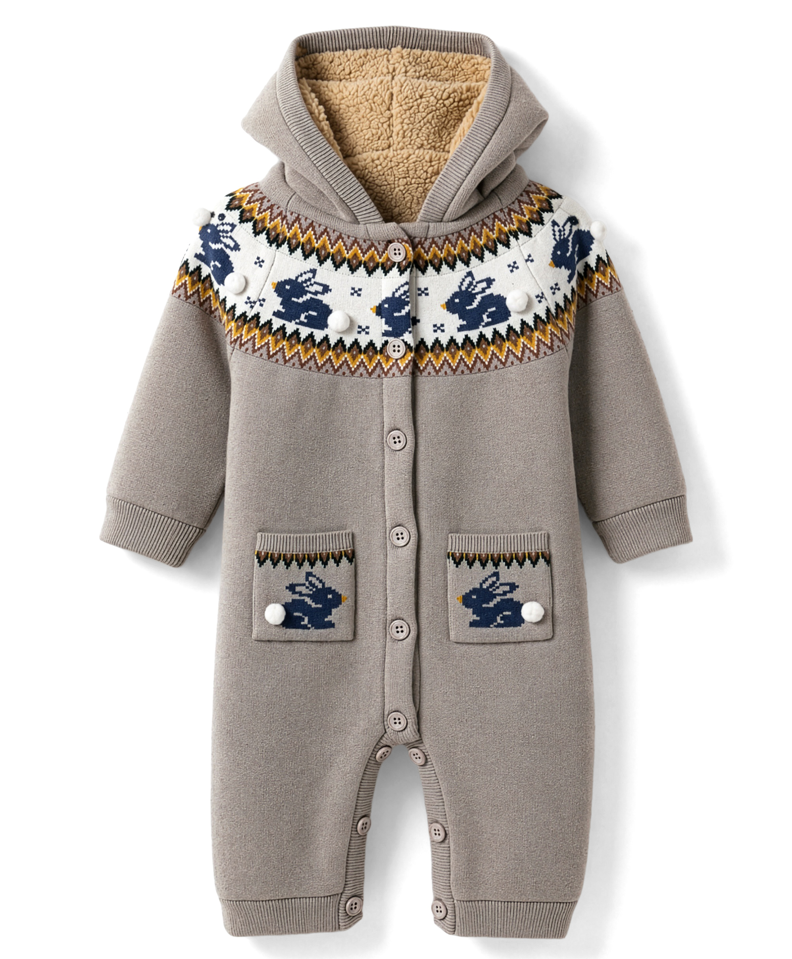 Yellow Apple Knit Full Sleeves Hooded Rompers With Rabbit Design - Beige-picture-23