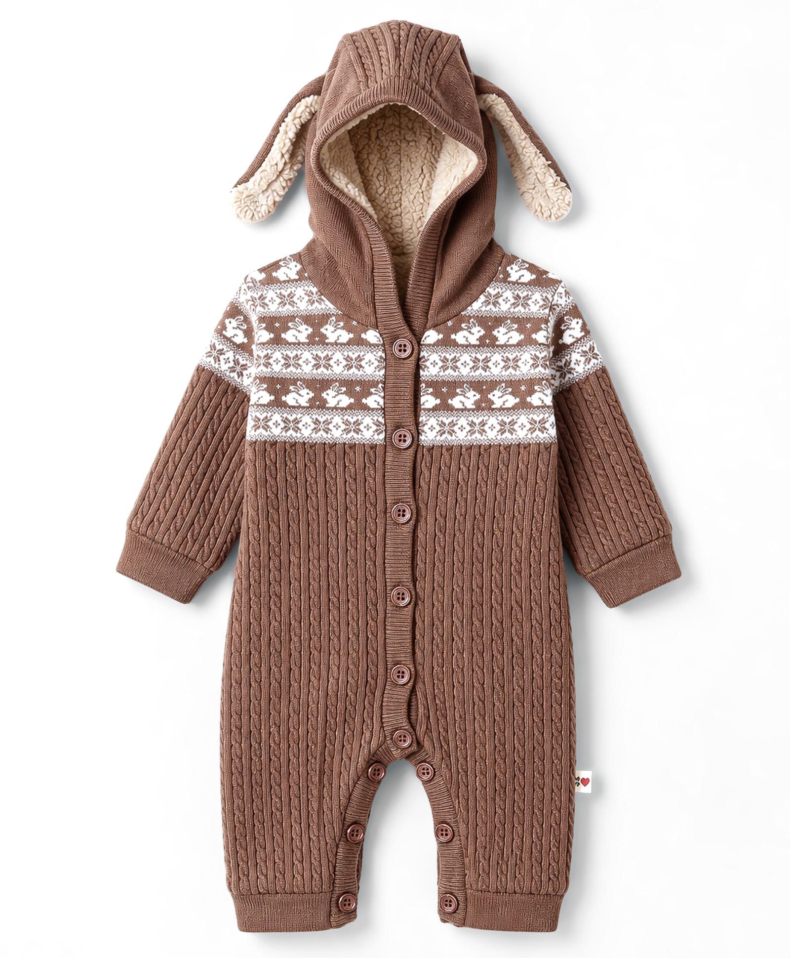 Yellow Apple Knit Full Sleeves Hooded Rompers With Cable Knit Rabbit Design & Rabbit Ear Applique - Brown-image-2