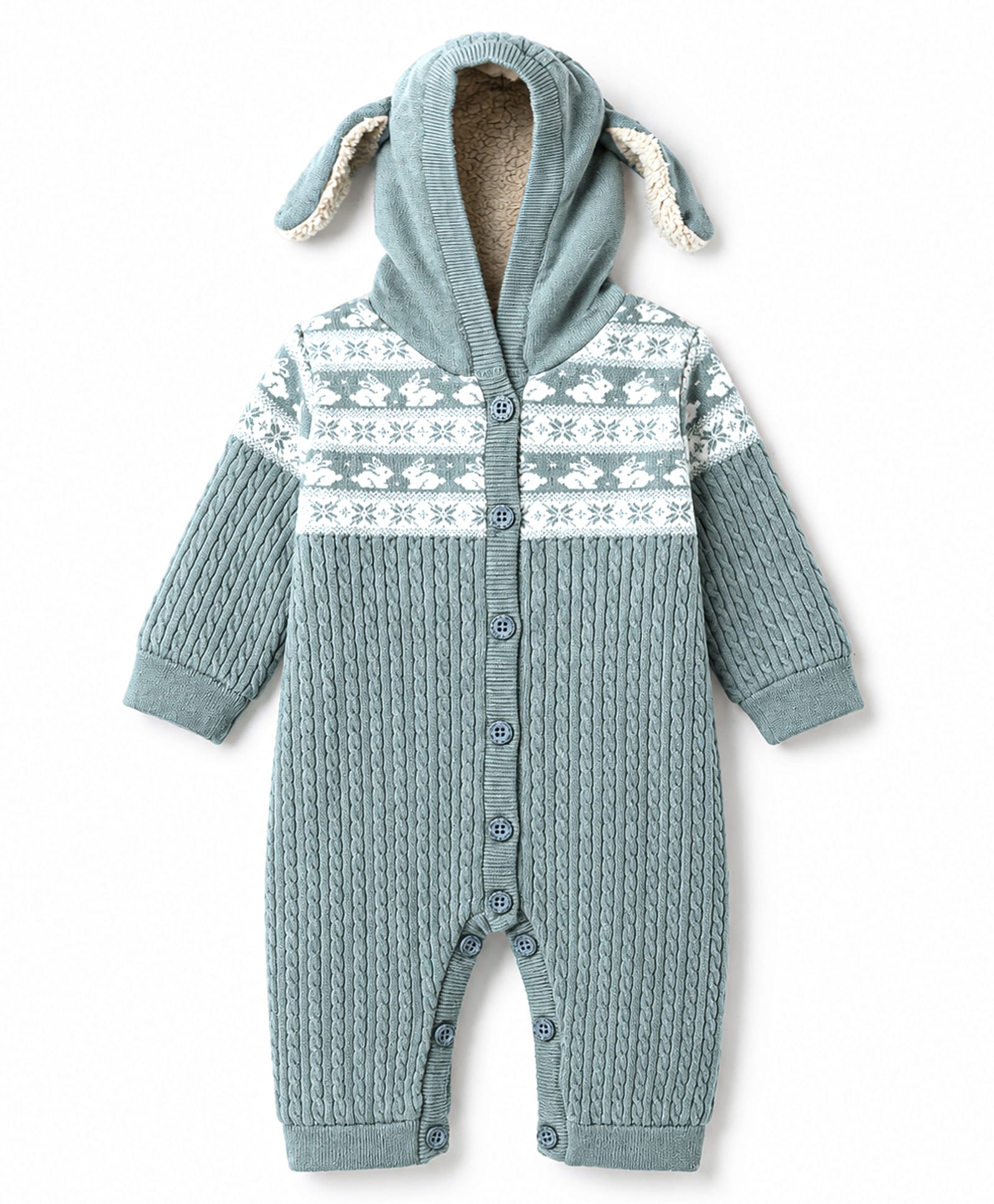Yellow Apple Knit Full Sleeves Hooded Rompers With Cable Knit Rabbit Design & Rabbit Ear Applique - Mint-image-30