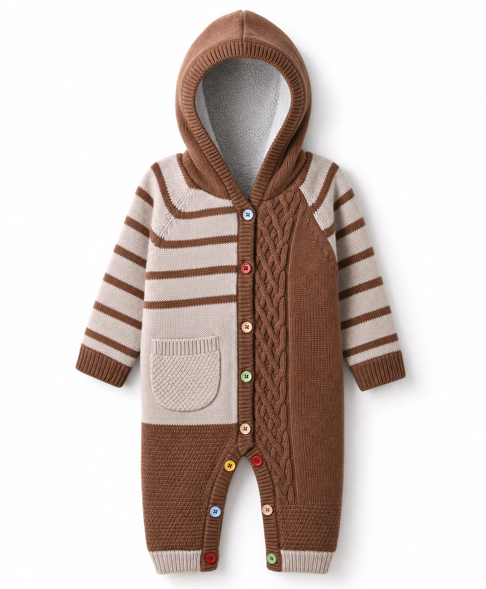 Yellow Apple Knit Full Raglan Sleeves Hooded Winter Wear Romper With Stripes & Cable Knit Design - Brown-image-42