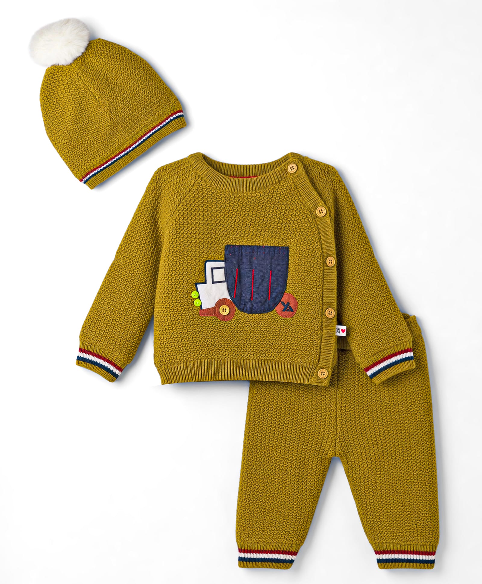 Yellow Apple Knit Full Sleeves Car Designed Sweater Set with Cap - Olive-image-48