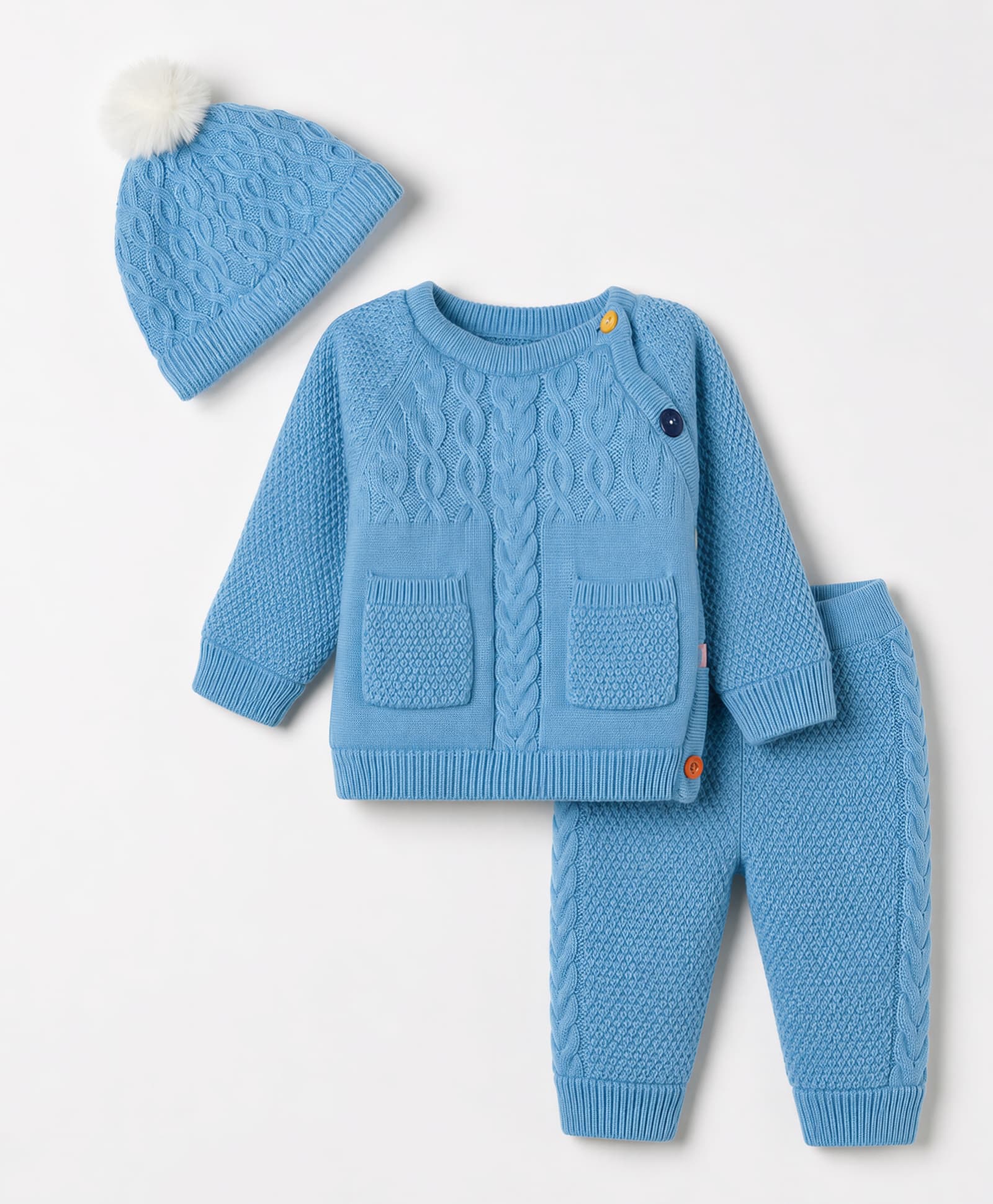 Yellow Apple Cable Knit Full Sleeves Sweater Set with Cap - Blue-image-7