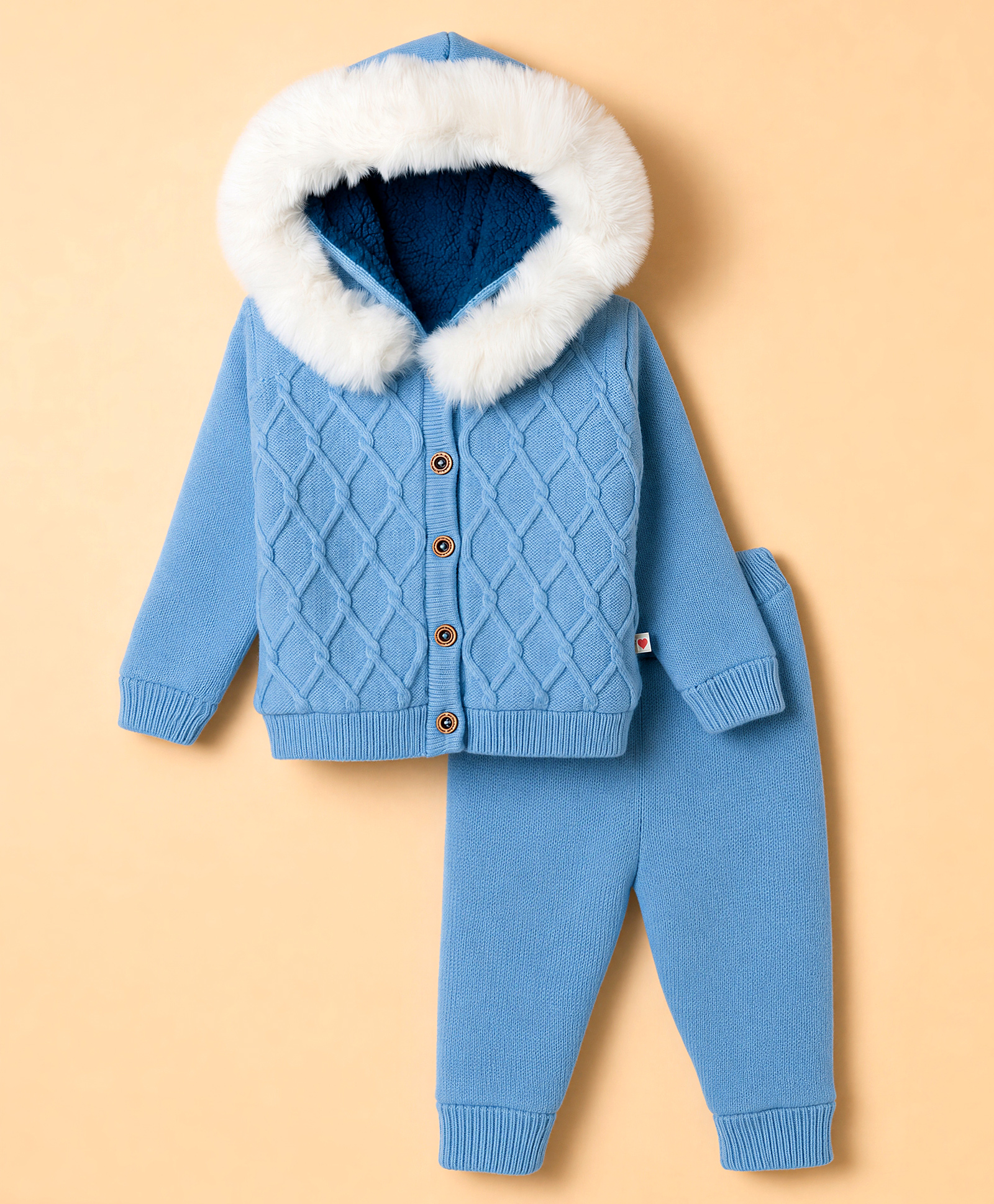 Yellow Apple Knit Full Sleeves Hooded Neck Cable Knit Design Sweater Sets - Blue-image-25