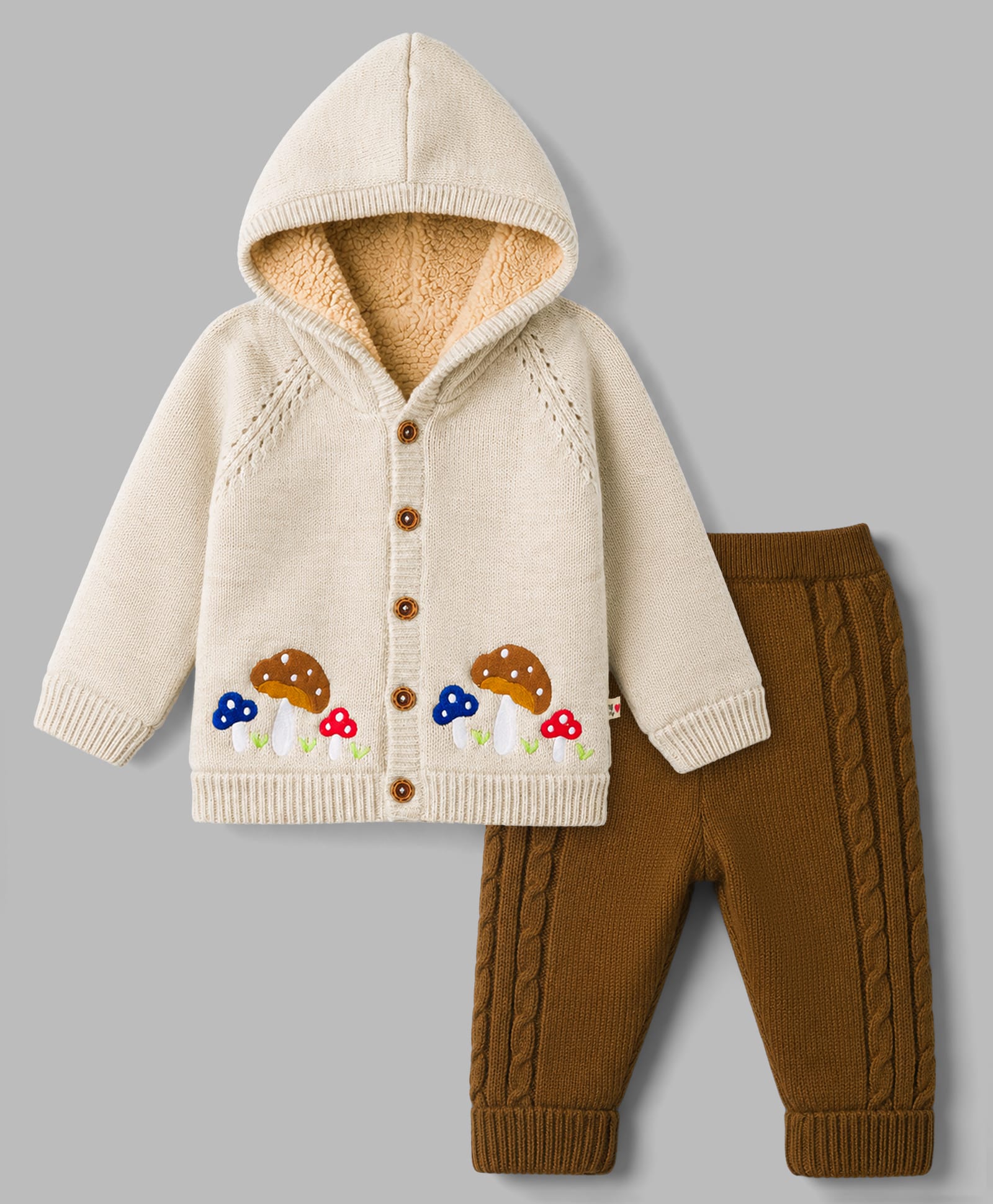 Yellow Apple Knit Full Sleeves Hooded Sweater Set with Frog Umbrella Design - Cream-picture-28