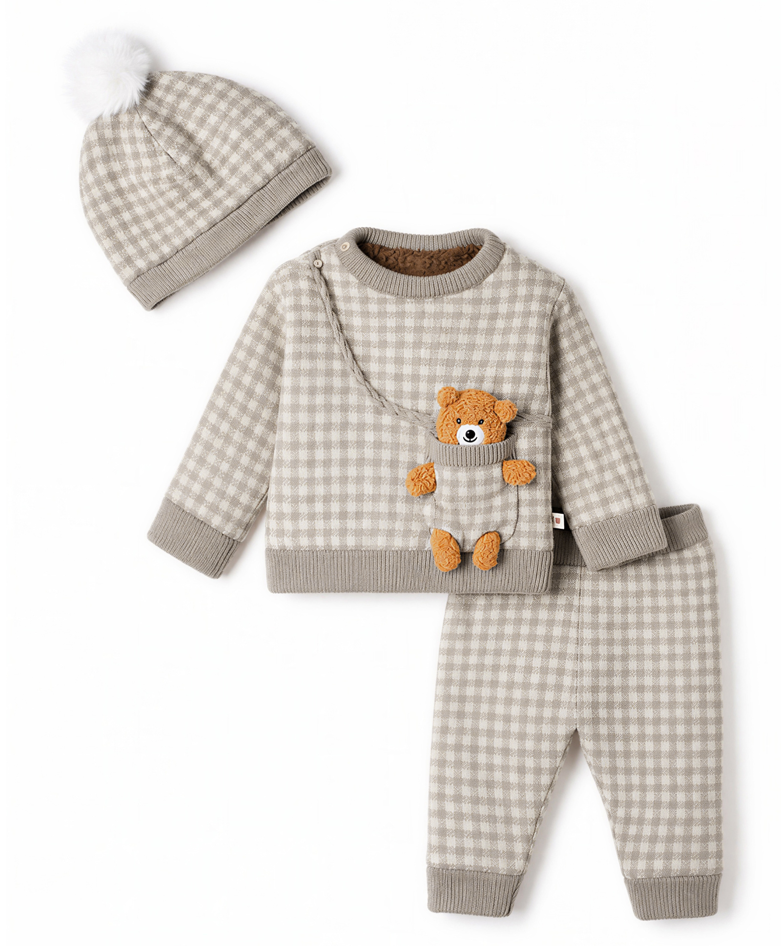 Yellow Apple Knit Full Sleeves Sweater Sets with Checks & Bear Applique- Grey-picture-13