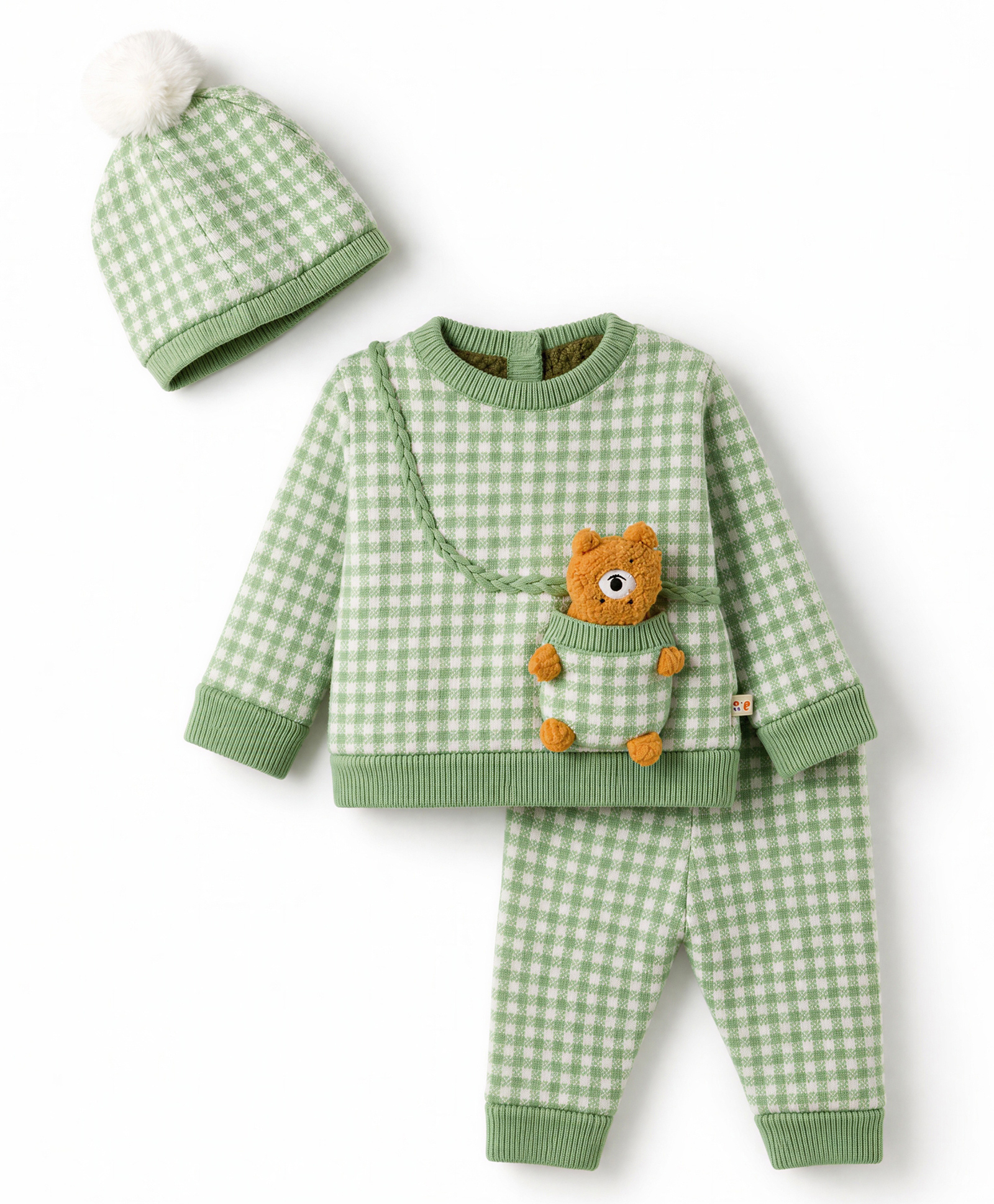 Yellow Apple Knit Full Sleeves Sweater Sets with Checks & Bear Applique- Light Green-image-27