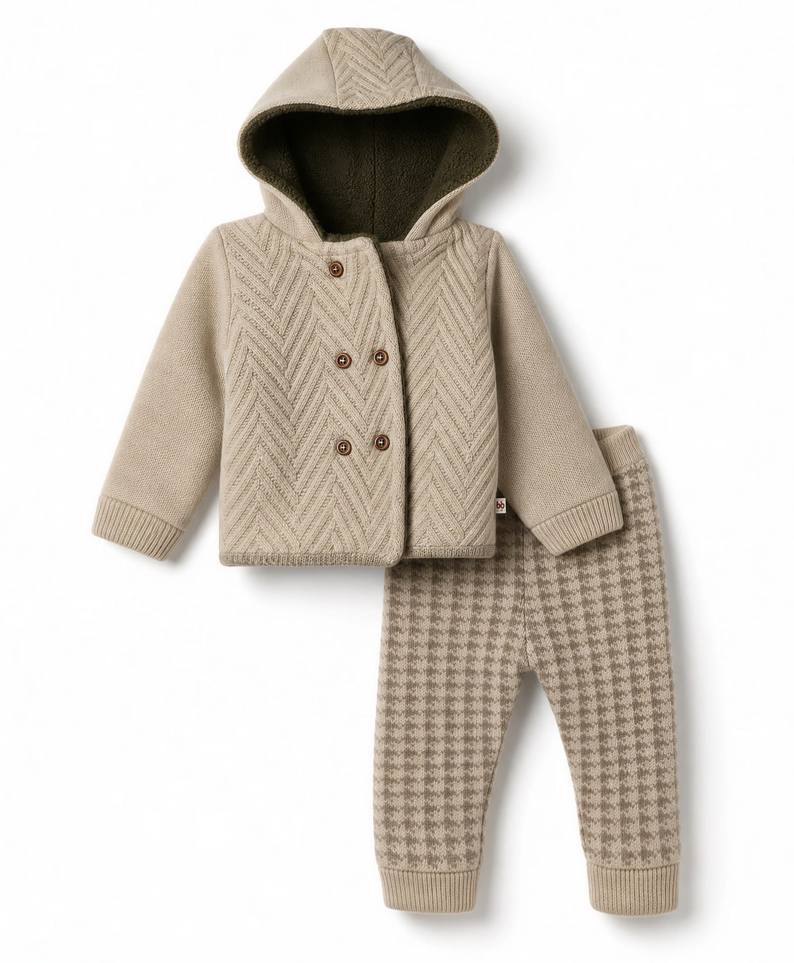 Yellow Apple Knit Full Sleeves Hooded Neck Zig -Zag Knit Design Sweater Sets - Beige-picture-28