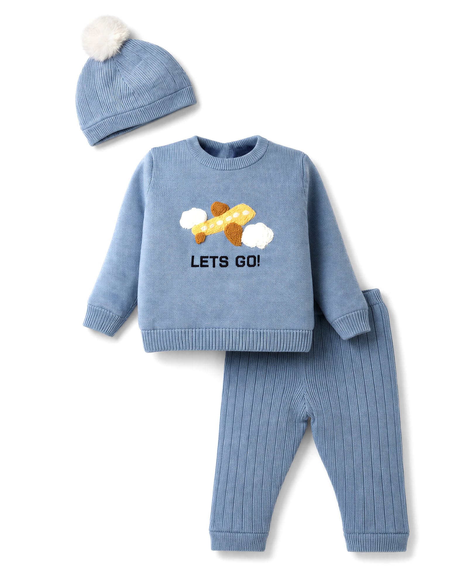 Yellow Apple Knit Full Sleeves Lets Go Embroidered & Aeroplane Patch Sweater Set With Cap - Blue-image-21