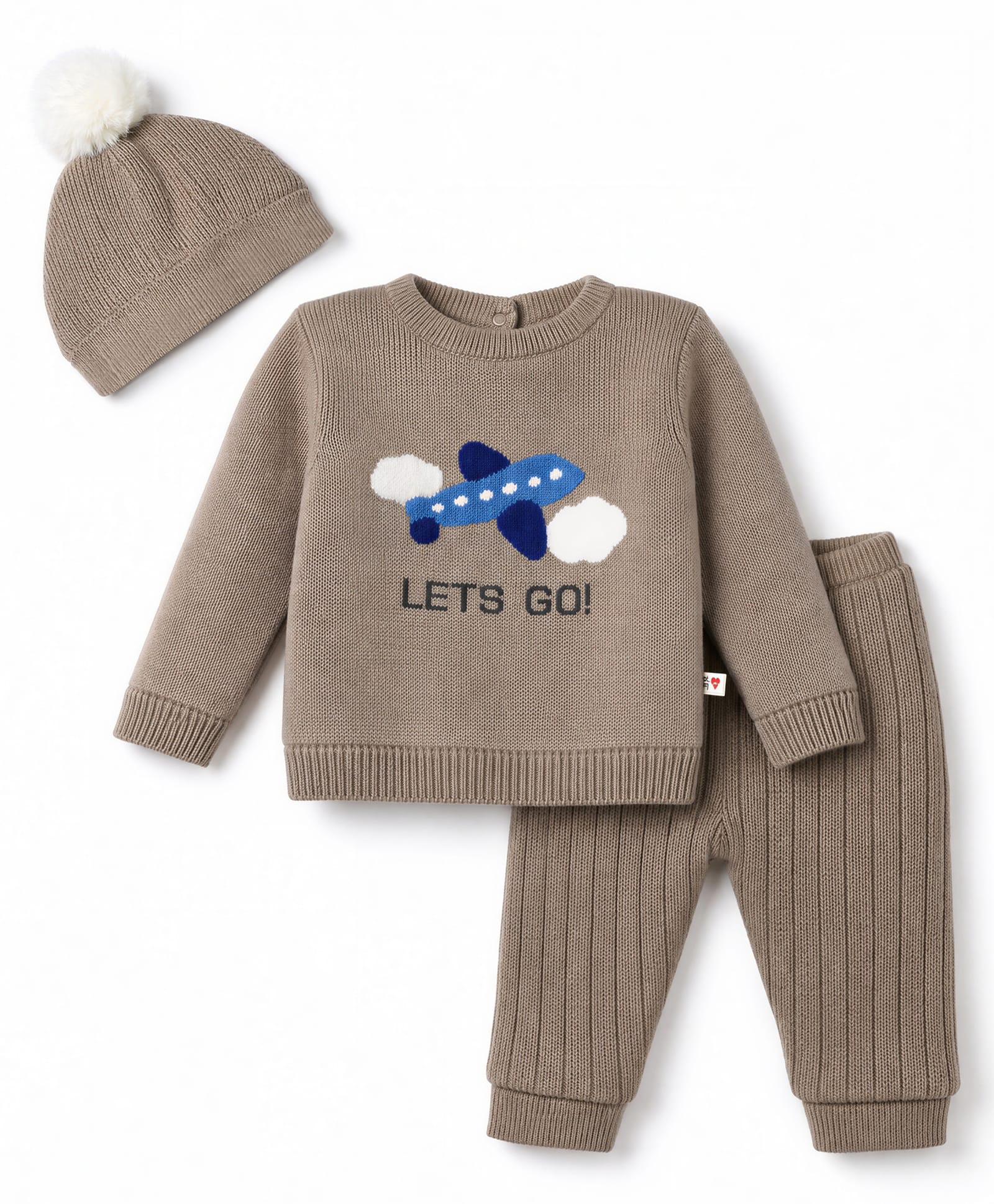 Yellow Apple Knit Full Sleeves Lets Go Embroidered & Aeroplane Patch Sweater Set With Cap - Tan-image-42