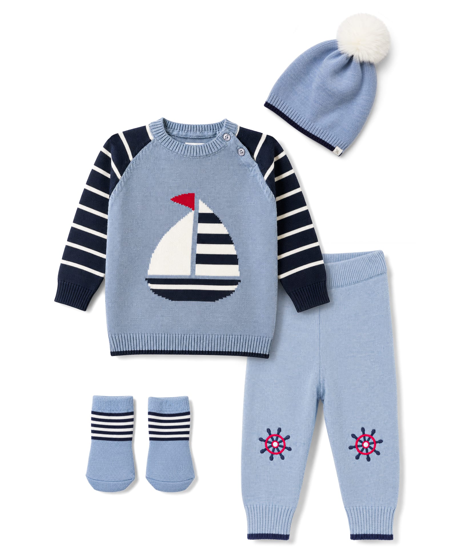 Yellow Apple Knit Full Raglan Sleeves Boat Designed Sweater Set with Cap & Mittens -Light Blue-image-49