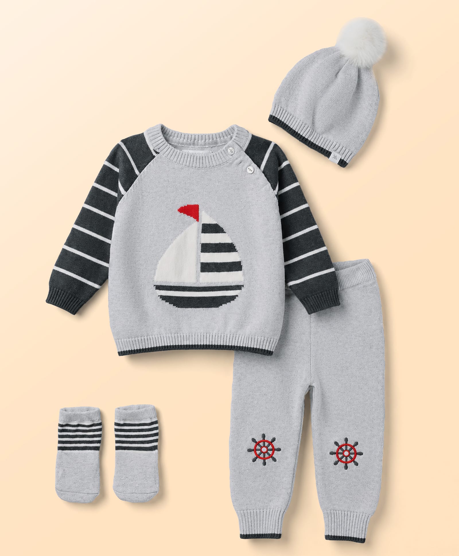 Yellow Apple Knit Full Raglan Sleeves Boat Designed Sweater Set with Cap & Mittens -Light Light Grey-image-29