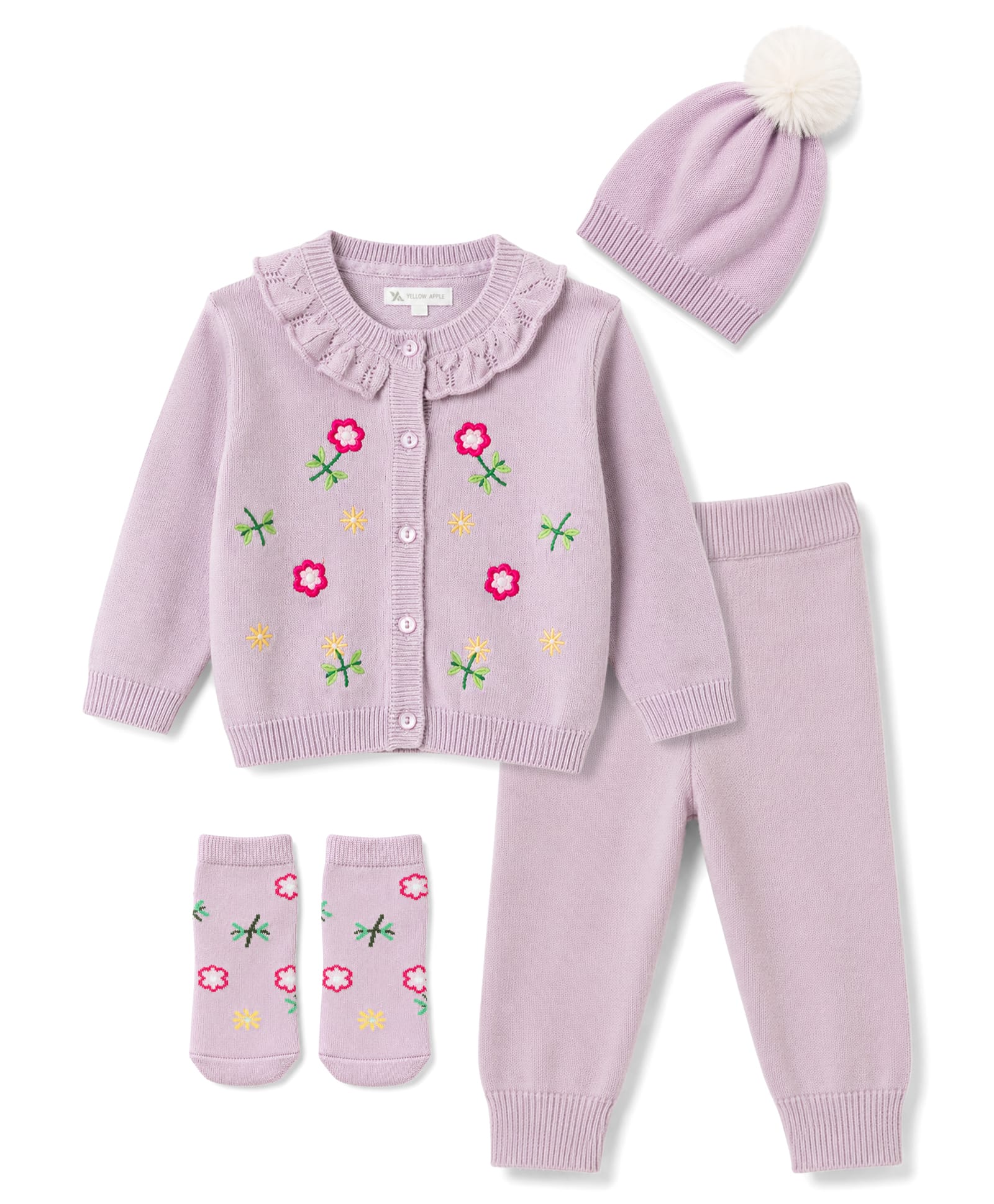 Yellow Apple Knit Full Sleeves Floral Embroidered Sweater Set With Cap & Mittens- Lilac-image-40